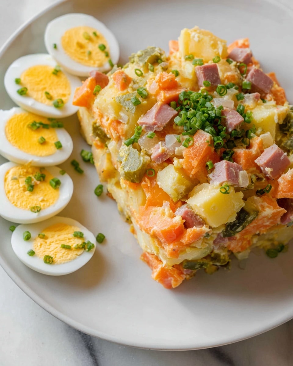 The dish is a mixed salad served on a white plate, featuring a variety of chunky, colorful ingredients. It has three main layers: diced yellow potatoes, orange carrots, and light pink ham or meat, all mixed with small pieces of green pickles and white boiled eggs cut and scattered throughout. The top is garnished with chopped green onions, adding fresh green highlights. On one side of the plate, there are three slices of boiled egg arranged neatly, each topped with bits of green onion. The salad has a creamy texture that binds all the components together, making the vibrant colors stand out against the white plate and white marbled surface below. Photo taken with an iphone --ar 4:5 --v 7