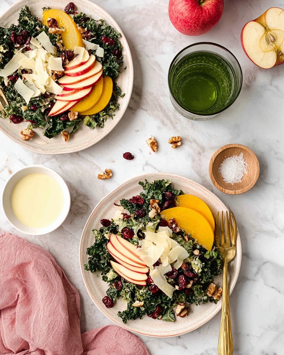The image shows two white plates of salad placed on a white marbled surface. Each plate has a base layer of dark green kale, topped by three slices of light yellow beetroot on one side and four slices of red apple on the other. There are also thin white cheese shavings spread on top, along with small bits of dried cranberries and nuts scattered around. A golden fork rests on one plate. Nearby, there is a green glass filled with a green drink, a small white bowl of light-colored dressing, and a small wooden bowl of coarse salt. A pink cloth napkin and a halved apple add extra color to the scene. photo taken with an iphone --ar 4:5 --v 7
