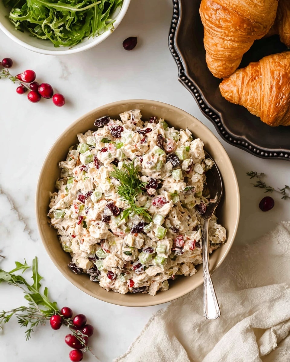 A beige bowl filled with a creamy chicken salad, consisting of small chunks of chicken, diced celery, red bell pepper, and dark dried cranberries all mixed in a light mayo-like dressing, garnished with a sprig of fresh green herb on top; a silver spoon rests inside the bowl on the right side. To the upper right, a dark curvy-edged plate holds two golden-brown croissants. To the upper left, a white bowl is full of fresh green arugula leaves. Around the bowls, a few scattered cranberries and green herb leaves add texture and color on a white marbled surface, with a cream-colored soft cloth loosely draped near the bottom right edge. Photo taken with an iphone --ar 4:5 --v 7