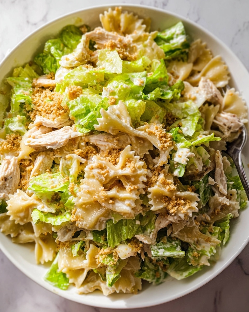A white bowl filled with a mixed salad shows three main layers: the bottom layer has shredded light brown chicken pieces, the middle layer is pale yellow bowtie pasta, and the top layer consists of fresh, bright green chopped lettuce. The salad is tossed together with a creamy, light beige dressing that lightly coats the ingredients. There are small bits of crumbly golden-brown topping scattered evenly across the salad. The bowl is placed on a white marbled surface, and a fork is partly visible on the right side inside the bowl. photo taken with an iphone --ar 4:5 --v 7