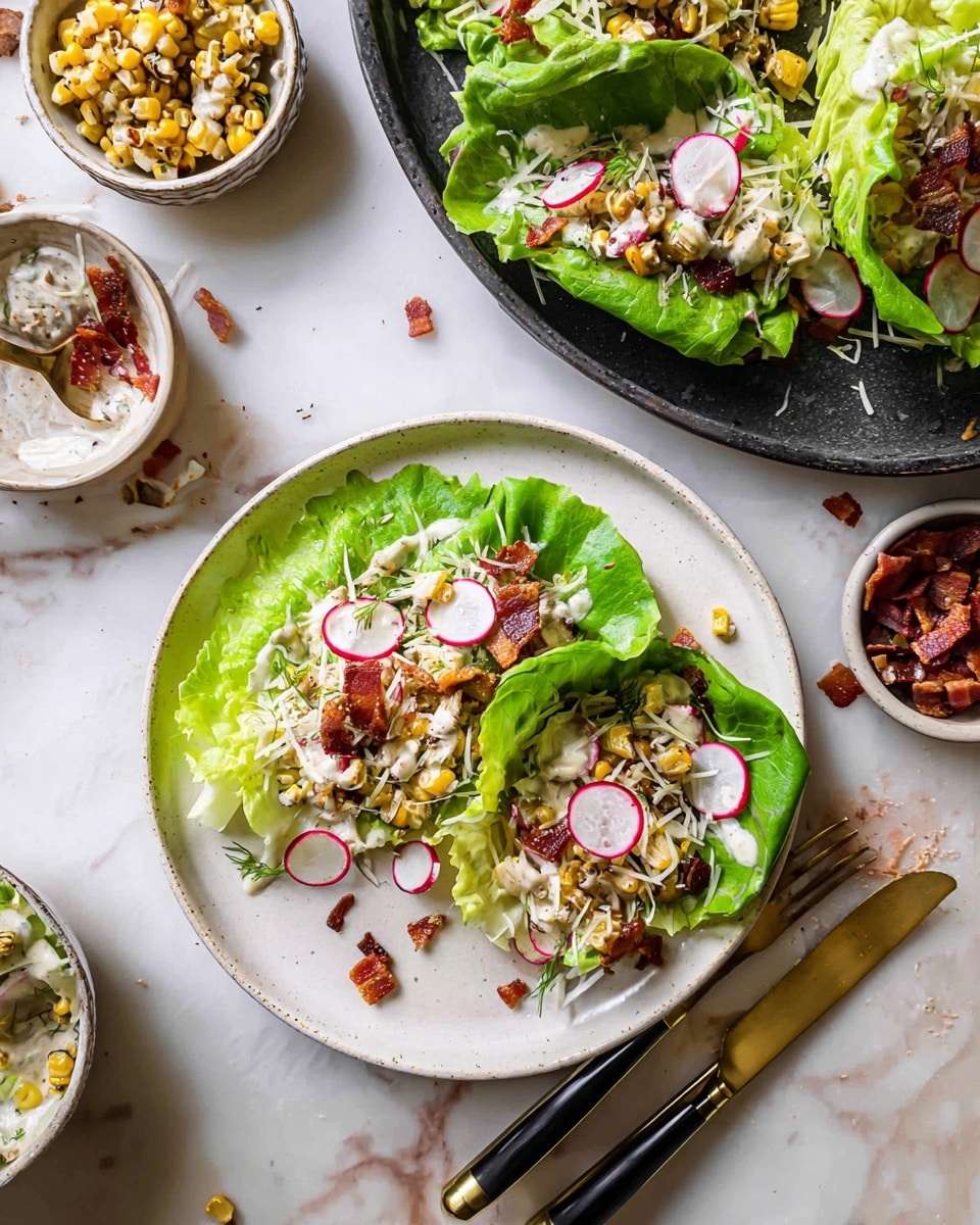 This image shows several lettuce wraps arranged closely together on a white marbled surface. Each wrap has a base layer of bright green leafy lettuce, followed by a mix of red and white thinly sliced radishes and pieces of golden grilled corn with dark char marks. There are also small pieces of crispy bacon scattered in the middle, topped with a white creamy dressing drizzled unevenly over the layers. Finally, the wraps are sprinkled generously with finely shredded white cheese, adding a light and fluffy texture on top. photo taken with an iphone --ar 4:5 --v 7