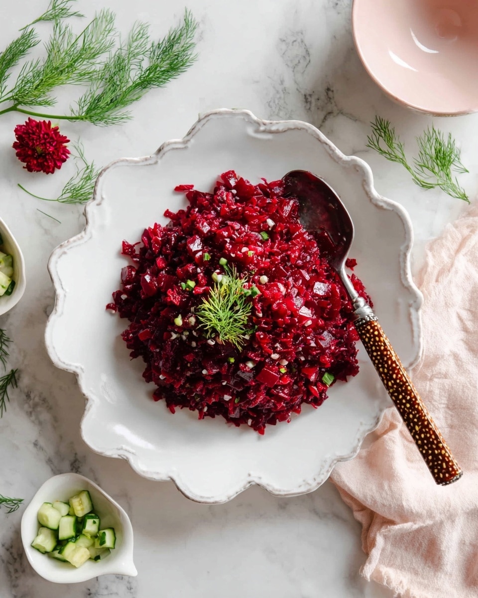 A deep red beet salad with small shiny chunks of diced cucumber is neatly piled in a single mound at the center of a white ceramic bowl with a wavy, flower-like edge. The salad shows a moist, shredded texture with pieces of beetroot glistening under light, and a small sprig of fresh green dill lies on top. A tortoiseshell-handled spoon rests inside the bowl to the right side, partially submerged in the salad. Around the bowl, small white dishes hold more dill and diced cucumber, and there are sprigs of fresh dill and a dried red flower scattered on a white marbled surface. A folded light pink cloth napkin lies nearby, with part of a pale pink bowl visible at the top edge. photo taken with an iphone --ar 4:5 --v 7