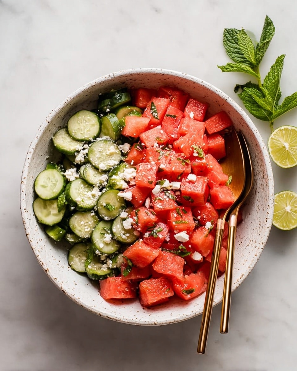 A white speckled bowl sits on a white marbled surface, filled with a colorful salad made of two main layers. The first layer is composed of bright red, juicy watermelon cubes, spread evenly across the bowl. The second layer consists of round, dark green cucumber slices mixed throughout with small bits of white feta cheese scattered on top, adding texture and contrast. Two thin golden spoons rest inside the bowl on the right side. A half-squeezed lime and some fresh green mint leaves lay beside the bowl on the marbled surface. Photo taken with an iphone --ar 4:5 --v 7