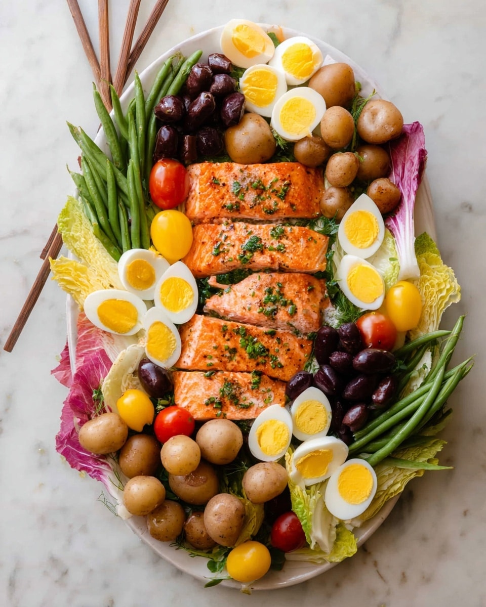 A white oval plate holds a colorful salad starting with three grilled salmon fillets in the center, light orange with grill marks and sprinkled with green herbs. Surrounding the salmon are small, round light brown potatoes evenly placed around the plate. Hard-boiled eggs, halved to show bright yellow yolks and white edges, are placed in groups around the dish. There are small dark purple olives clustered in two areas, and green beans arranged in bundles on both top and bottom sides. Yellow and red cherry tomatoes, some whole and some halved, are scattered mostly on the top and bottom edges. Endive lettuce leaves, pale yellow with pink edges, are placed around the plate edges, adding a fresh texture and color contrast. All of this sits on a white marbled surface, with a woman's hand holding two wooden skewers on the left side. photo taken with an iphone --ar 4:5 --v 7