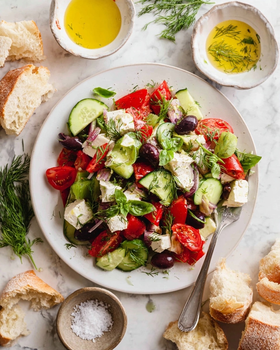 A white plate with two main layers of fresh vegetables: sliced bright green cucumbers and red tomato wedges, mixed with dark purple olive slices. On top, soft white chunks of cheese and green basil leaves are scattered, along with small sprigs of fresh dill for garnish. Around the plate, there are pieces of torn bread with a light, airy texture, and small bowls containing bright yellow dressing and coarse white salt. The whole scene is set on a white marbled surface with some green dill sprigs and basil leaves placed nearby. A silver fork rests on the edge of the plate, partly lifting a bite of salad. Photo taken with an iphone --ar 4:5 --v 7