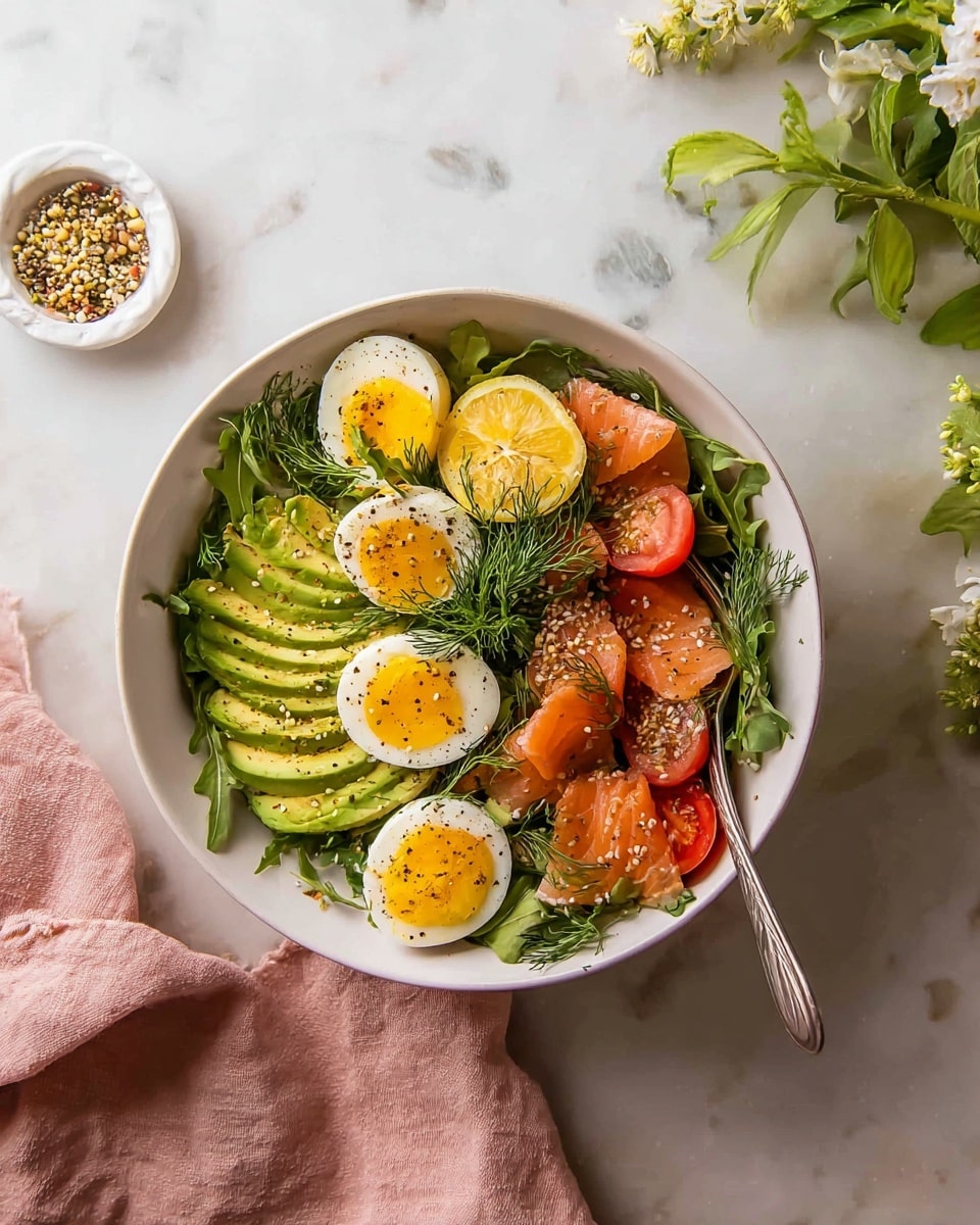 A white bowl filled with a fresh salad consisting of a base layer of green leafy arugula, topped with slices of light green avocado arranged on one side, several pieces of orange-pink smoked salmon, and halved soft-boiled eggs with bright yellow yolks and white edges. Bright red cherry tomatoes are placed near the center, and a wedge of yellow lemon rests on top near the eggs. The salad is sprinkled with green dill and black and white sesame seeds, with a silver fork placed inside the bowl on the right side. The bowl is set on a white marbled surface with some green leaves and flowers in the top right corner and a small white dish with seeds and spices to the bottom left, next to a soft pink cloth. Photo taken with an iphone --ar 4:5 --v 7