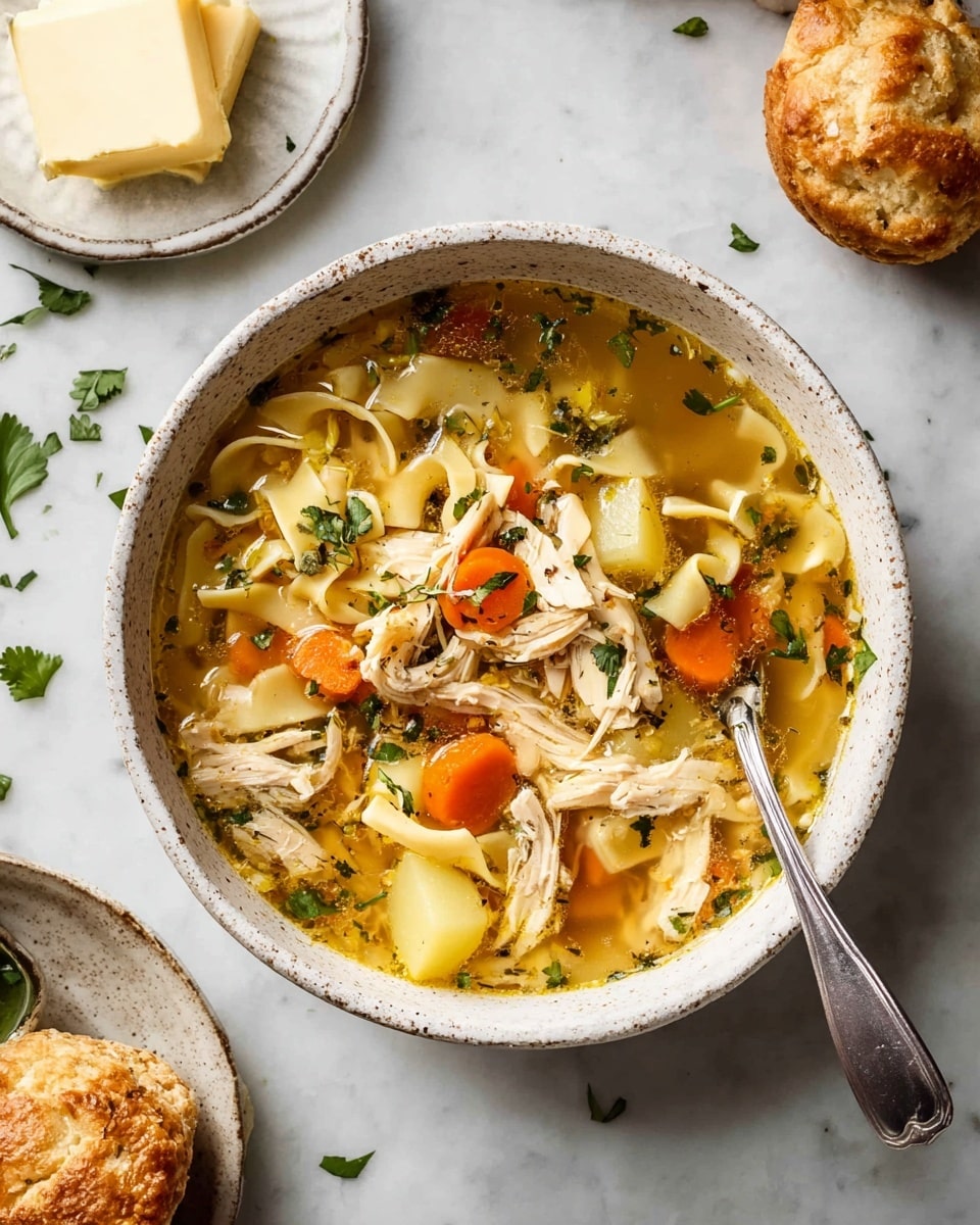 A white speckled bowl filled with warm chicken noodle soup sits on a white marbled surface. The soup has a clear golden broth with visible herbs, chunks of shredded chicken, wide flat egg noodles, diced orange carrots, and light yellow potato pieces. A shiny silver spoon rests inside the bowl, partly submerged in the soup. Around the bowl, a butter block on a white speckled dish, a golden-brown muffin on another white speckled dish, and scattered green cilantro leaves add to the scene. photo taken with an iphone --ar 4:5 --v 7