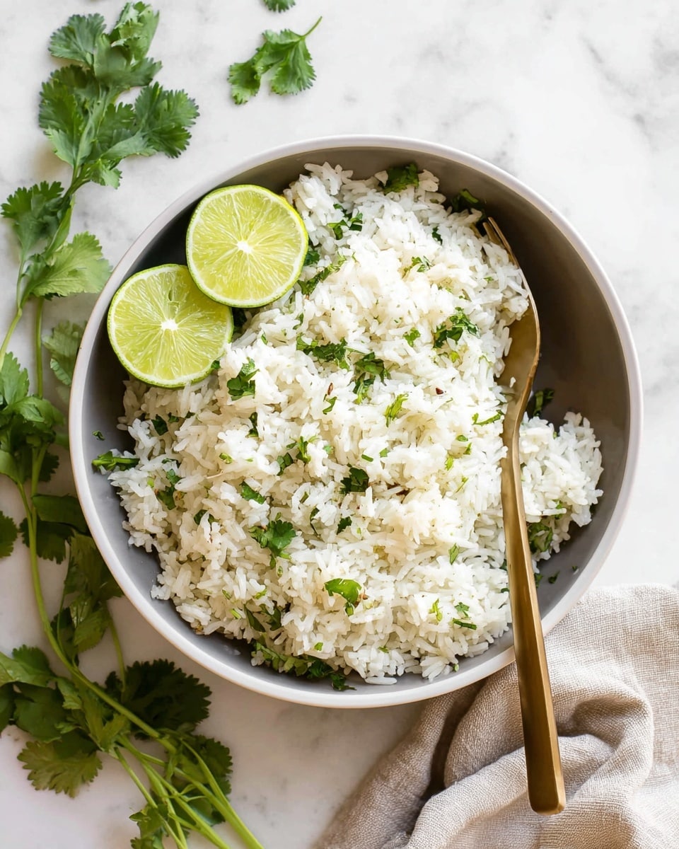 A bowl of white rice mixed with small green cilantro leaves fills most of a white bowl. On the left side of the rice, there are two halves of a squeezed lime placed side by side. A golden spoon rests inside the bowl on the right, slightly submerged in the rice. Fresh green cilantro stems and leaves are scattered around the bowl on a white marbled surface. A soft beige cloth is partially visible at the bottom right corner near the bowl. Photo taken with an iphone --ar 4:5 --v 7