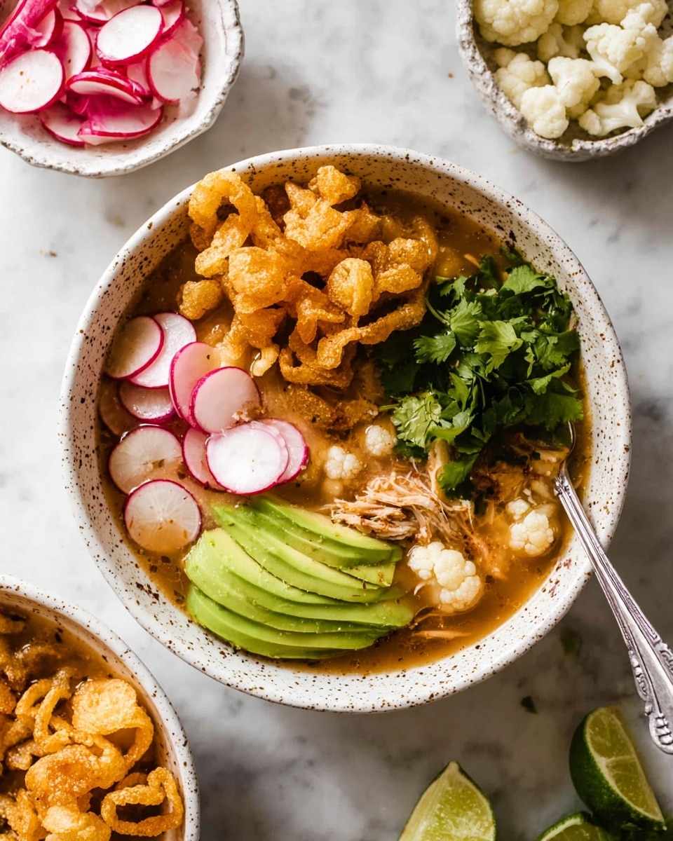 A white speckled bowl filled with a soup that has a light brown broth, with visible pieces of shredded chicken and roasted cauliflower at the bottom. On top of the soup, there are three layers of toppings: bright green sliced avocado fanned out at the front, pink and white sliced radishes to the left, and fresh green cilantro leaves to the right. Several crunchy golden pork rinds rest on top of the radishes and cauliflower. A silver spoon is placed inside the bowl on the right side. Nearby, two small white speckled bowls hold more pink and white sliced radishes and additional golden pork rinds. A lime wedge is placed on the white marbled surface beside the bowls. The photo was taken with an iphone --ar 4:5 --v 7