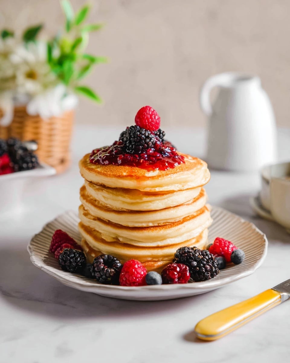A stack of seven golden brown pancakes sits in the center of a white plate with a slightly scalloped edge. The pancakes are fluffy with light crisp edges, each layer evenly round and thick. On top, there is a glossy spoonful of red berry sauce with visible seeds, crowned with a bright red raspberry and a shiny black blackberry. Around the base of the stack on the plate, there are more mixed berries including blackberries, raspberries, and a blueberry. The scene is set on a white marbled surface, with soft focus elements in the background including a white jug, a white basket, and a small white vase with green leaves. A knife with a yellow handle rests partially on the plate to the right. photo taken with an iphone --ar 4:5 --v 7