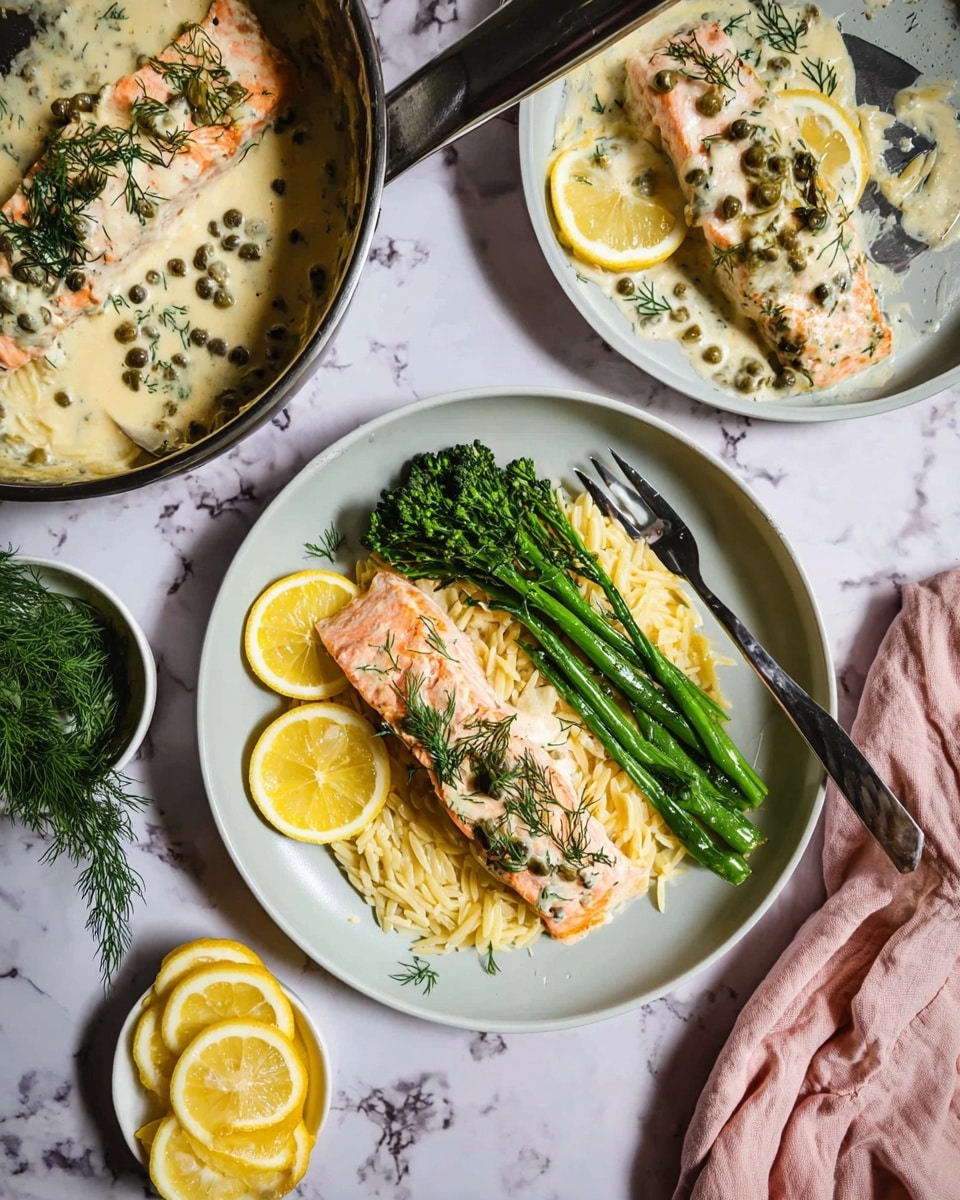 A white plate holds three layers: at the bottom is a bed of light yellow orzo pasta with a soft texture, on top lies a piece of light pink salmon covered in creamy white sauce dotted with dark green capers and fresh dill, and next to the salmon are several bright green steamed broccolini stalks. Above the salmon sits a slice of lemon, adding a pop of yellow. Nearby is a gray pan filled with two salmon pieces covered in the same creamy sauce, garnished with lemon slices and dill. The background is a white marbled texture with a metal spoon resting in the pan, lemon slices scattered around, a small white dish with dill, and a soft pink cloth at the bottom right corner. Photo taken with an iphone --ar 4:5 --v 7