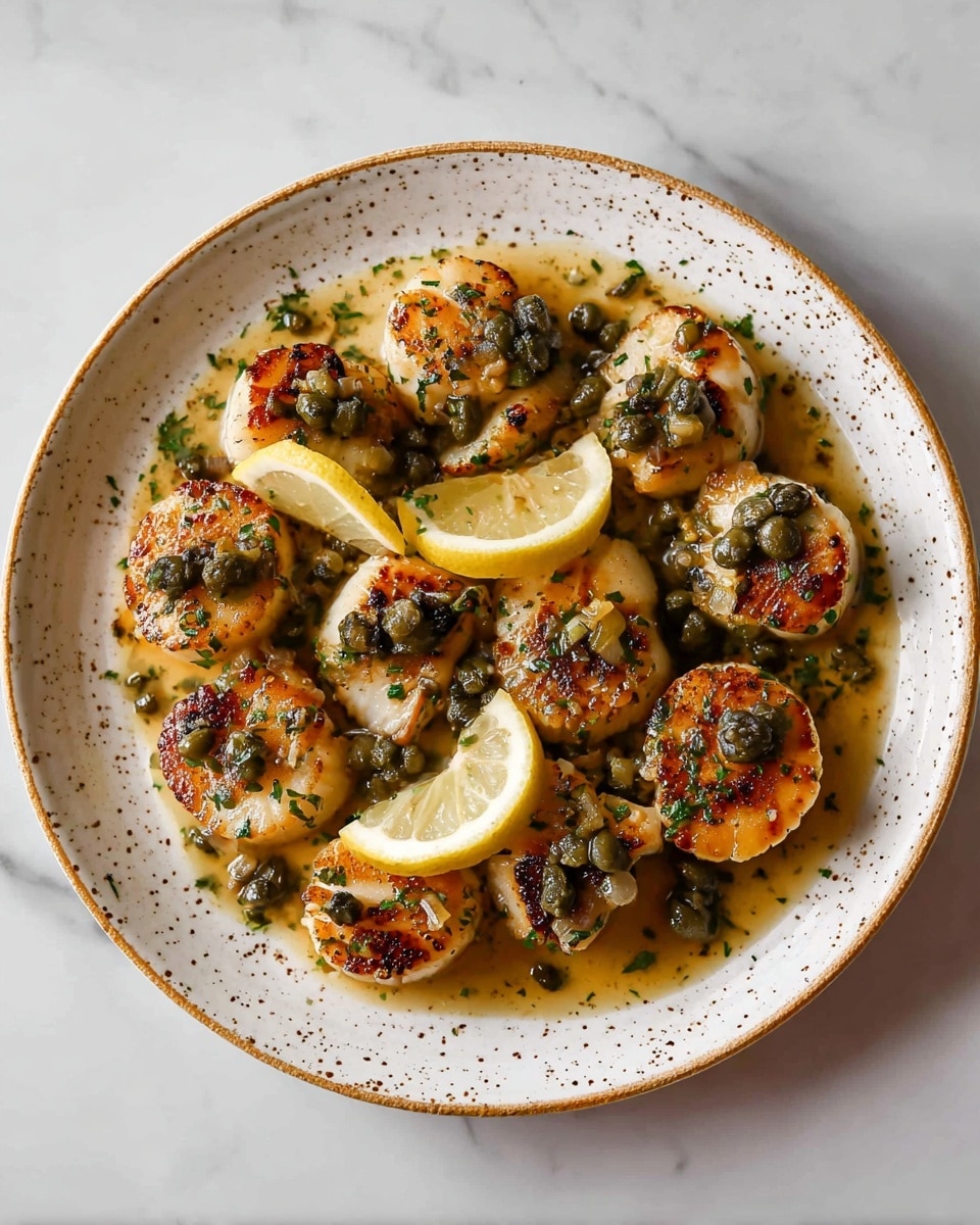 A round white plate with a speckled rim holds a single layer of golden brown seared scallops, each topped with small, dark green capers and finely chopped herbs. There are two lemon wedges placed among the scallops, adding a bright yellow contrast. The scallops sit in a light brown buttery sauce that pools gently around them, with small bits of herbs mixed in. The plate rests on a white marbled surface. photo taken with an iphone --ar 4:5 --v 7