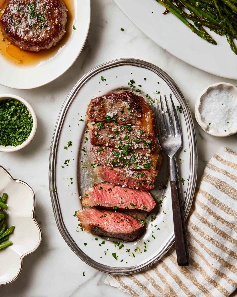 An oval silver plate holds a sliced medium-rare steak with a pink center and browned edges, sprinkled with small green chopped herbs, mostly on the top and scattered around the plate. A dark, clear-handled fork lies on the right side of the steak, resting on the plate. Above it, a white oval plate contains a round cooked meat patty with some oil pooled around the edges. To the left, there is a small white bowl filled with chopped green herbs, and below, part of a white plate with cooked green beans can be seen. On the right side, there is a white scalloped dish with coarse salt. The food is placed on a white marbled surface, next to a beige and white striped cloth. photo taken with an iphone --ar 4:5 --v 7
