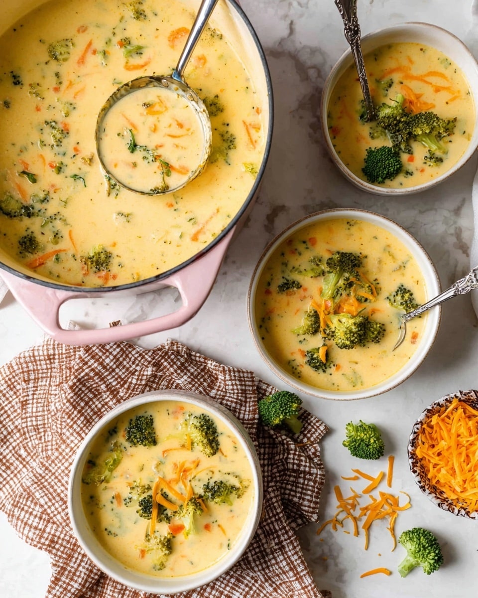 A creamy yellow soup with visible green broccoli florets and thin orange carrot strips fills a large white pot with pink handles, a ladle scooping soup from it. Around the pot, three white bowls hold the soup, each showing the same creamy yellow base with green broccoli and orange carrot pieces. One bowl sits on a checkered brown and white cloth with a silver spoon inside. Broccoli florets and shredded orange cheese are scattered on the white marbled surface, adding texture and color to the scene. photo taken with an iphone --ar 4:5 --v 7