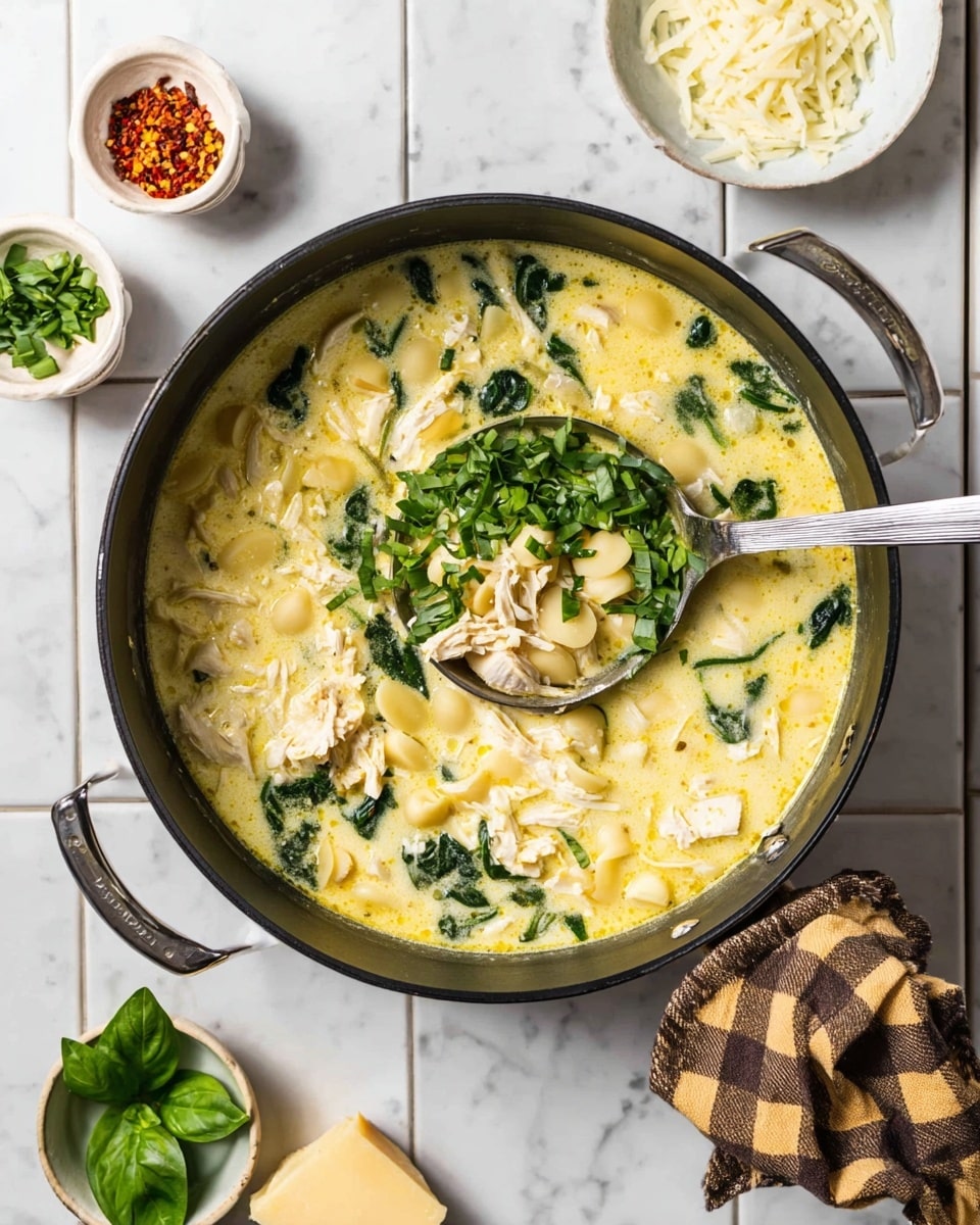 A large black pot filled with creamy yellow soup containing three visible layers: soft pasta pieces at the bottom, mixed shredded white chicken and dark green leafy spinach in the middle, and fresh chopped bright green basil leaves scattered on top; a silver ladle rests inside the pot near the right side, lifting a portion of the soup. The pot sits on a white marbled texture with a brown and beige checkered cloth under the handle. Surrounding the pot are small white bowls with green basil leaves, red chili flakes, and a bowl of white cream, plus a small white plate with a block of light yellow cheese and some grated cheese. Photo taken with an iphone --ar 4:5 --v 7