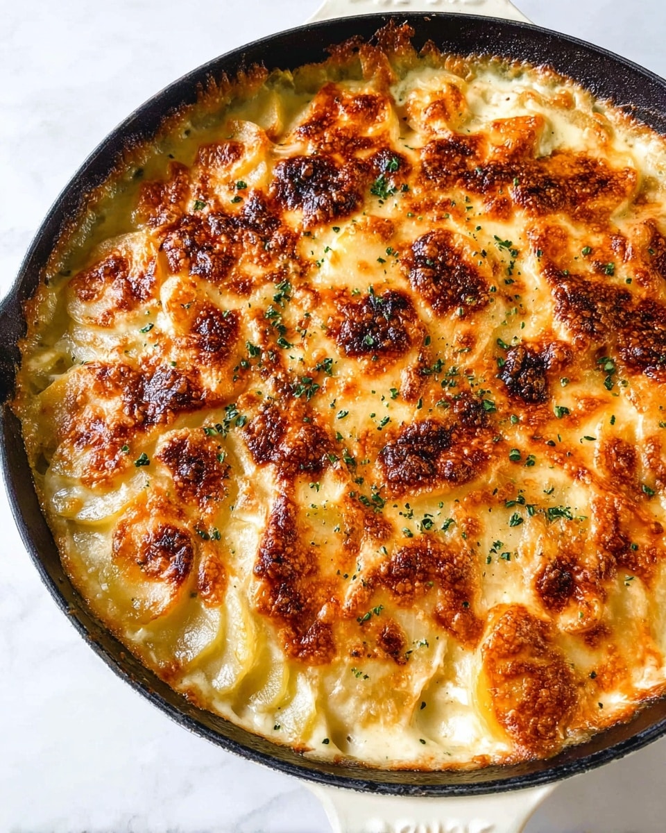 A round white cast iron pan filled with a creamy scalloped potato dish, showing multiple layers of thinly sliced, pale yellow potatoes underneath a golden brown, bubbly, melted cheese crust with dark caramelized spots across the surface, and small green herb sprinkles scattered lightly on top; the dish sits on a white marbled texture background. photo taken with an iphone --ar 4:5 --v 7