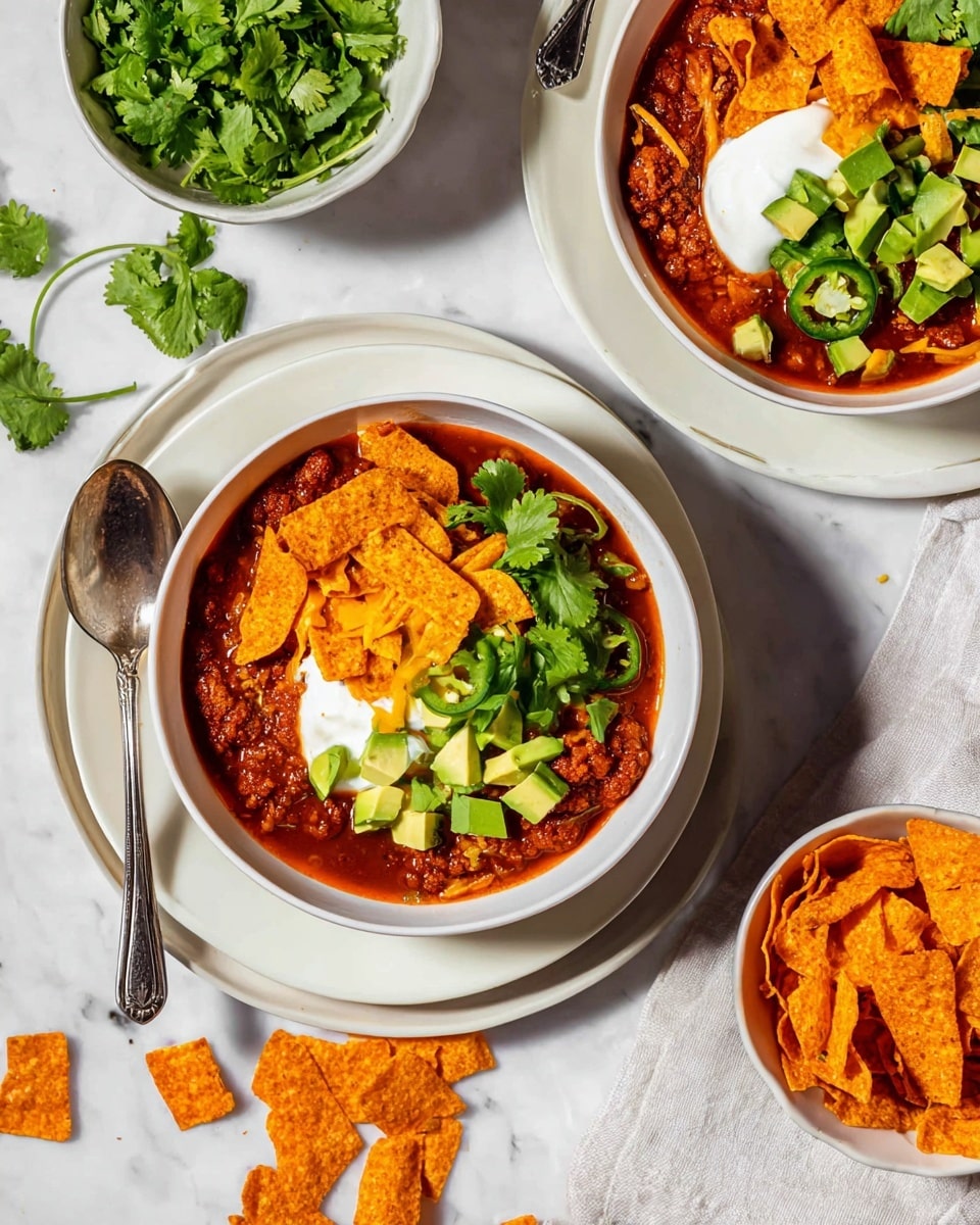 The image shows two white bowls filled with a rich, red chili topped with several layers: a dollop of white sour cream, small cubes of light green avocado, thin slices of green jalapeño, orange crunchy chips, and fresh green cilantro leaves around the edges. Each bowl sits on a white plate, and a silver spoon is placed inside the front bowl. Nearby, a white bowl contains a pile of orange crunchy chips, some scattered on the white marbled surface. Fresh cilantro sprigs add a vibrant green touch beside the plates. Photo taken with an iphone --ar 4:5 --v 7