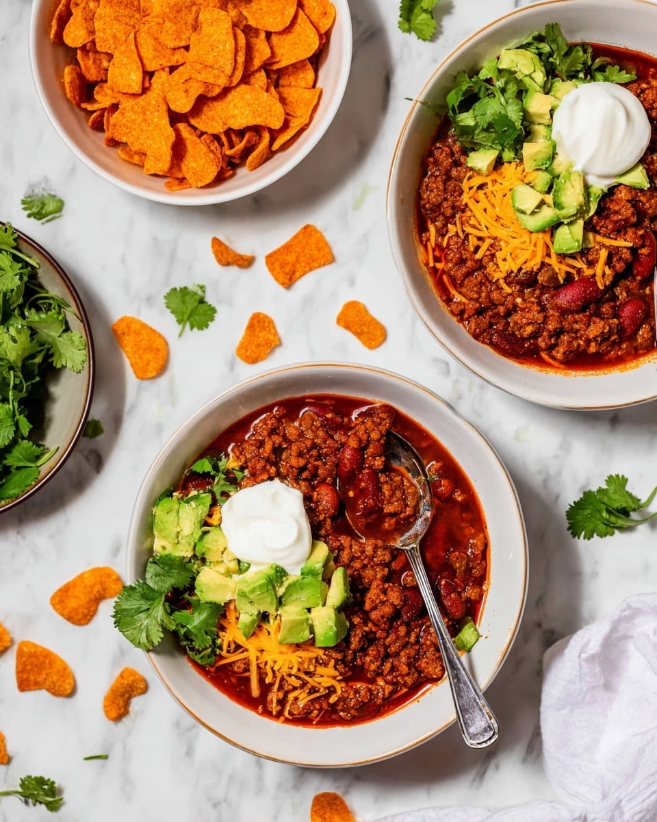 Two white bowls filled with rich, thick chili that has a deep red and brown color at the base. One bowl has layers of green chopped avocado pieces, smooth white sour cream, and bright orange crunchy chips on one side, with green cilantro leaves placed beside the bowl on a white marbled surface. The other bowl shows chili topped with shredded white cheese, a white sour cream dollop, orange chips, and scattered cilantro leaves. There is also a bowl full of orange crunchy chips on the left side. A silver spoon rests inside the bottom bowl, partially dipped into the chili. The setting is on a white marbled background with some scattered chips and fresh cilantro leaves around, photo taken with an iphone --ar 4:5 --v 7