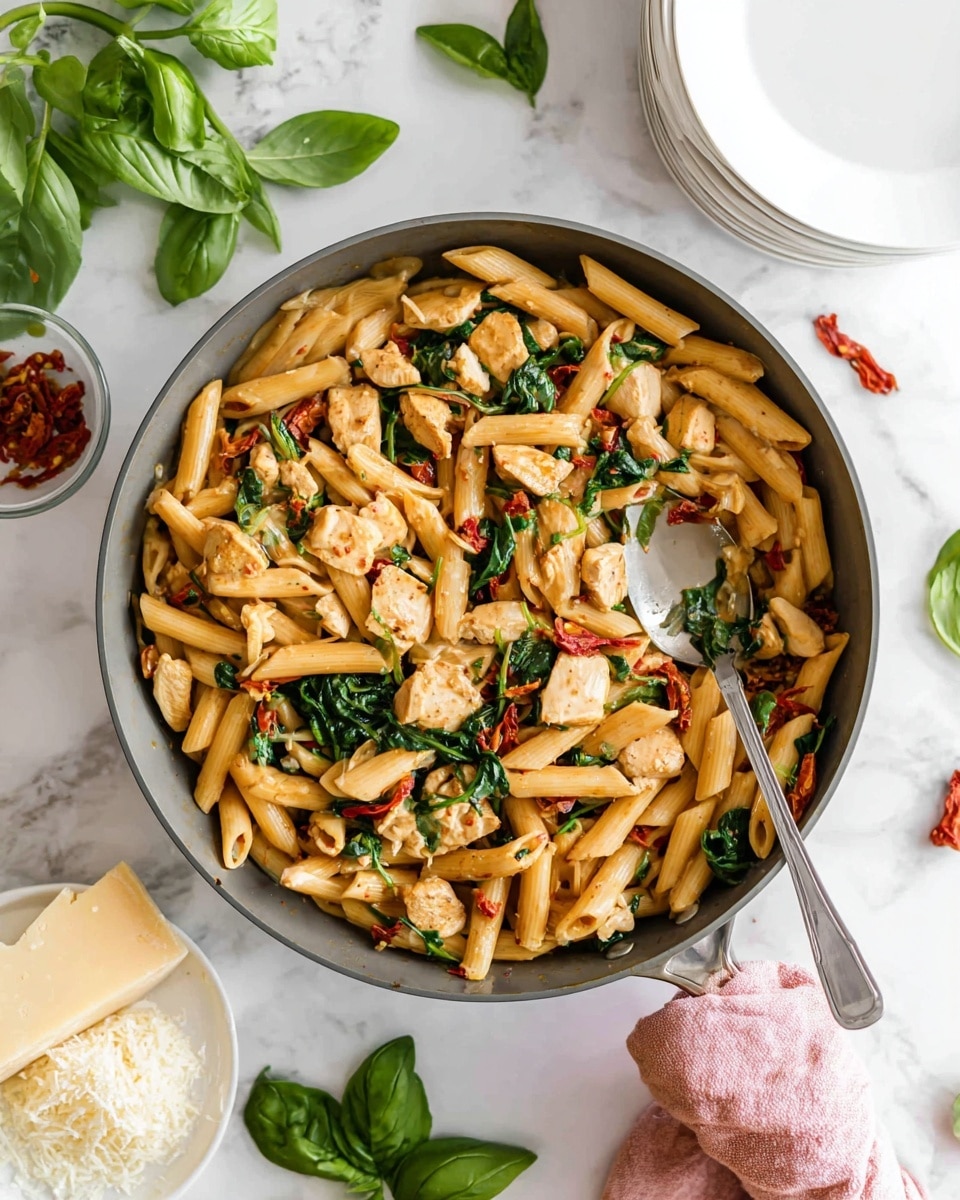 The image shows a round gray pan filled with three layers: the base layer is cooked golden-brown penne pasta, the middle layer has light golden pieces of cooked chicken breast, and the top layer is green spinach leaves and small bits of red sun-dried tomatoes scattered throughout. A silver spoon rests inside the pan on the right side. The pan handle is wrapped with a soft pink cloth. Around the pan, fresh green basil leaves are placed on a white marbled surface, with a white plate holding a wedge of pale yellow cheese and grated cheese on the bottom left side. Two stacked white plates are partially visible at the top right. photo taken with an iphone --ar 4:5 --v 7
