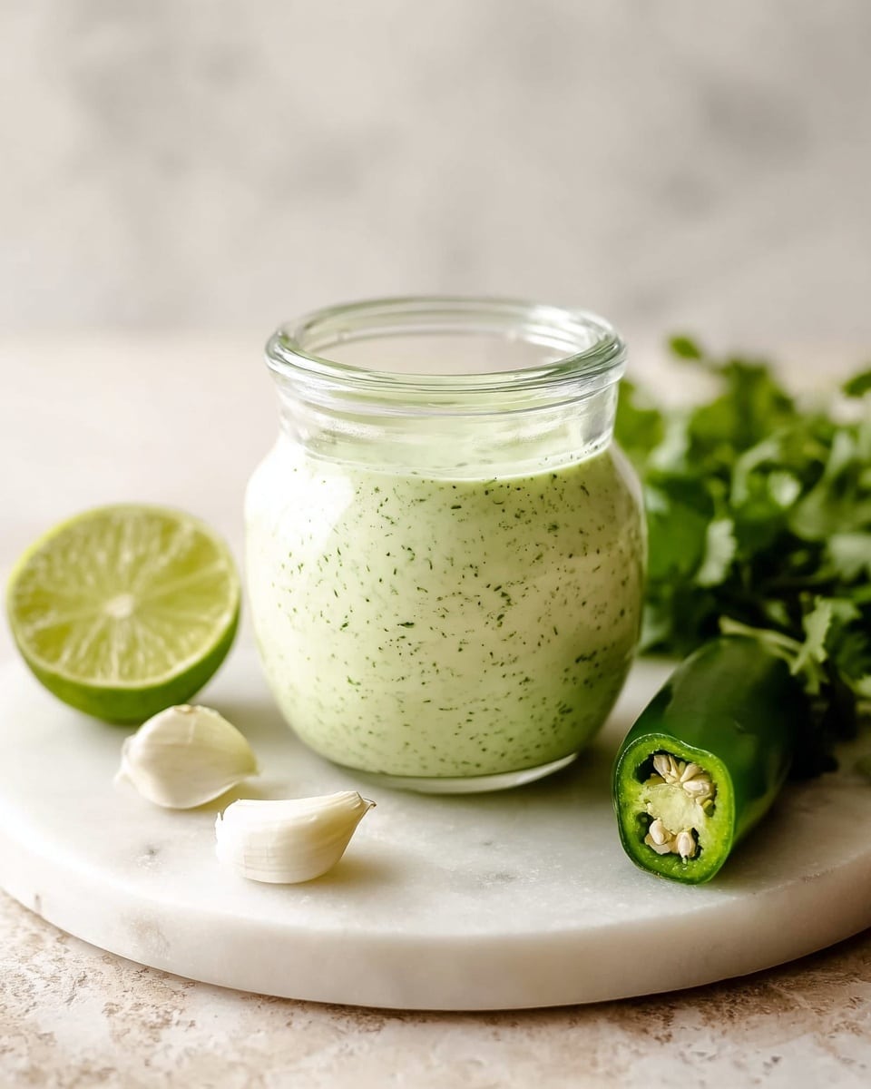 A small clear glass jar filled with a creamy light green sauce that has small dark green specks throughout, sitting on a round white marble board. Next to the jar, on the marble board, there is one half of a squeezed lime with visible pulp and a small bunch of green cilantro leaves. There is also a halved green jalapeño pepper with seeds visible, and two white garlic cloves placed near the front left side. The background is a soft, out-of-focus white marbled texture. photo taken with an iphone --ar 4:5 --v 7