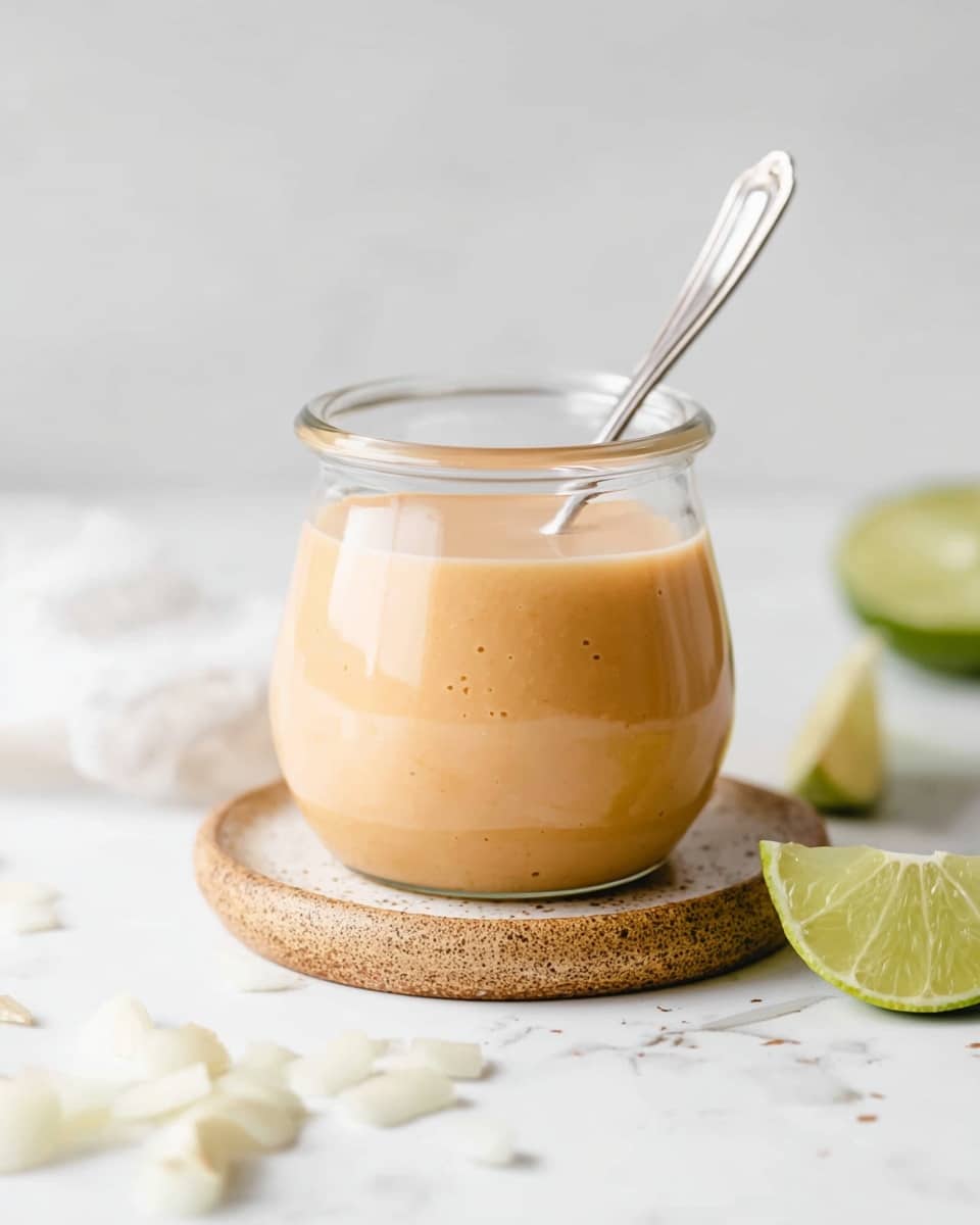 A small clear glass jar filled with smooth, creamy light orange sauce with small darker specks inside, sitting on a round, speckled light brown and beige ceramic coaster, with a silver spoon sticking out from the jar. Nearby on the right side, two lime wedges show green skin and pale green juicy inside. The scene includes some scattered white onion pieces blurred in the foreground, all placed on a white marbled surface against a plain white background. photo taken with an iphone --ar 4:5 --v 7
