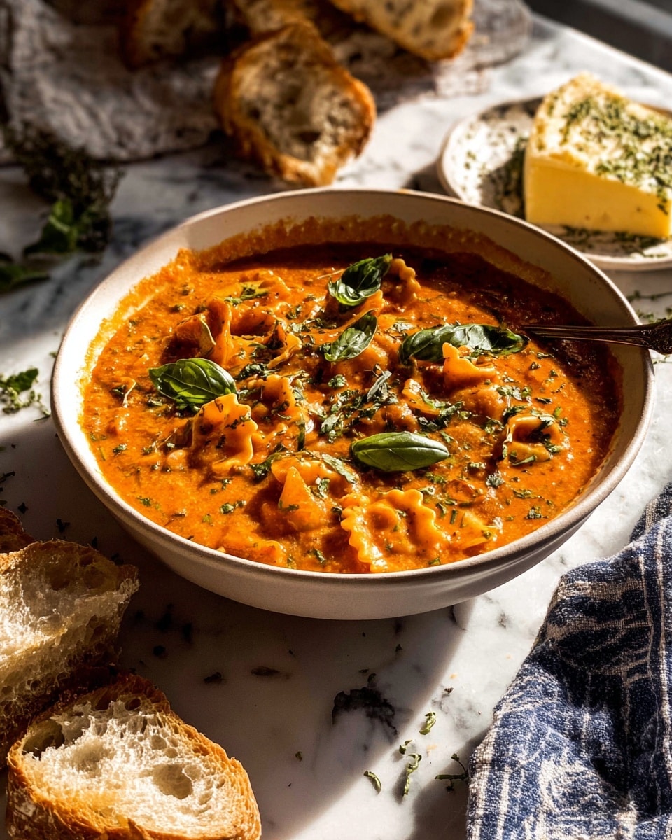 A deep white bowl filled with rich, orange-red creamy soup with visible small browned pieces and wavy-edged pasta pieces submerged throughout, topped with scattered fresh green basil leaves and sprinkled green herbs, sitting on a white marbled surface with torn pieces of crusty bread nearby. In the background, a soft blue-striped cloth and a white plate with a piece of cheese are partially visible, all set in warm, bright natural light. photo taken with an iphone --ar 4:5 --v 7