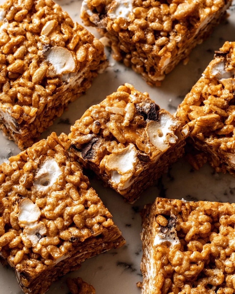 The image shows several golden-brown rice crispy squares with visible pieces of white marshmallow melted and stretching between them. The squares have dried apple slices and dark small bits mixed throughout, creating texture and contrast on top. The rice cereal pieces appear glossy and tightly packed, with some squares slightly overlapping each other, all placed on a white marbled surface. Photo taken with an iphone --ar 4:5 --v 7