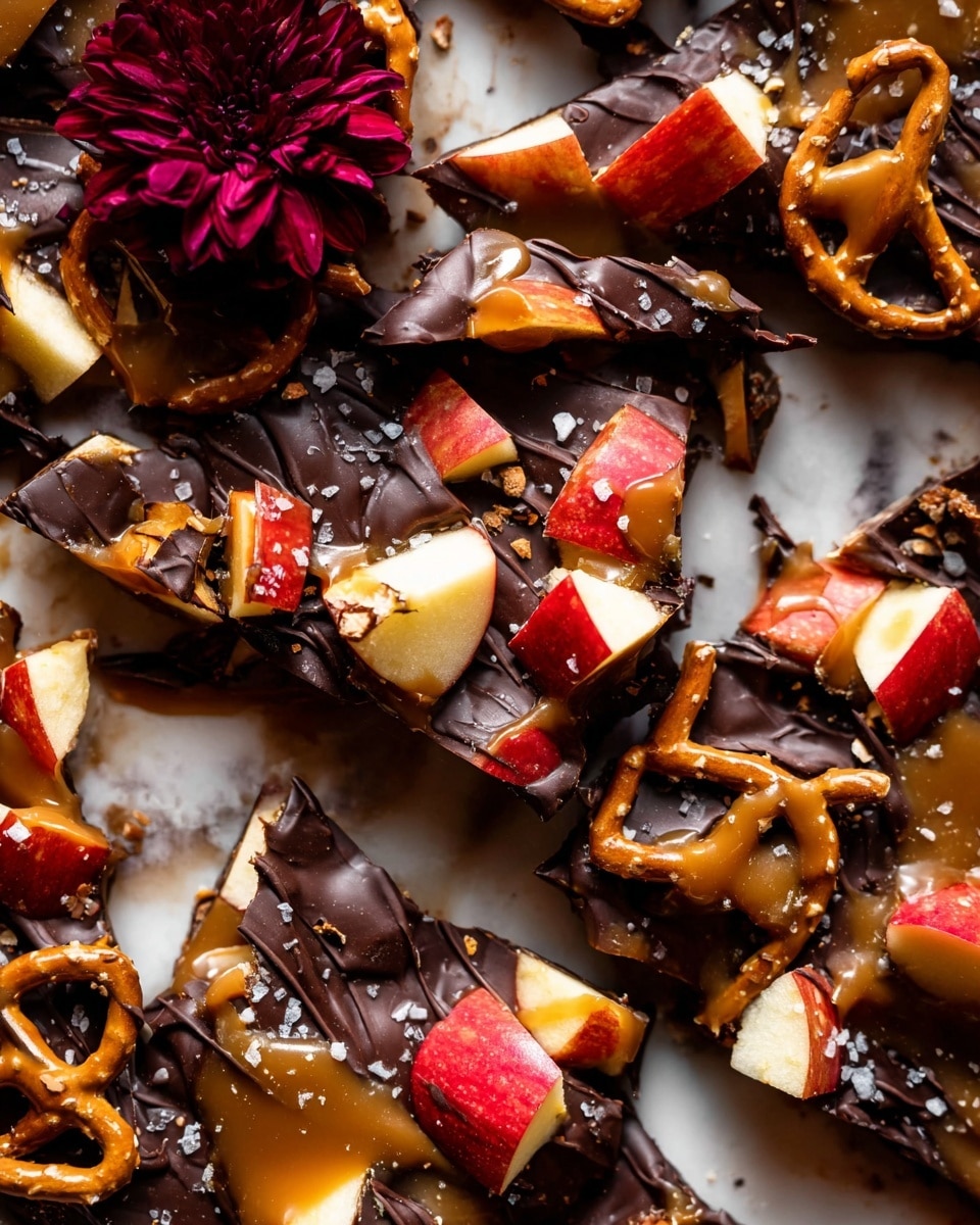This image shows a close-up of broken chocolate bark pieces scattered on a white marbled surface. Each piece has a base layer of dark chocolate covered unevenly with caramel that looks smooth and glossy. On top, there are chunks of fresh apple pieces in red and white colors, paired with crunchy golden brown pretzels that have some coarse salt sprinkles. The bark is drizzled with more dark chocolate in thin lines, adding texture and shine. A deep red flower is placed near the center, adding a pop of color among the sweet mix. photo taken with an iphone --ar 4:5 --v 7