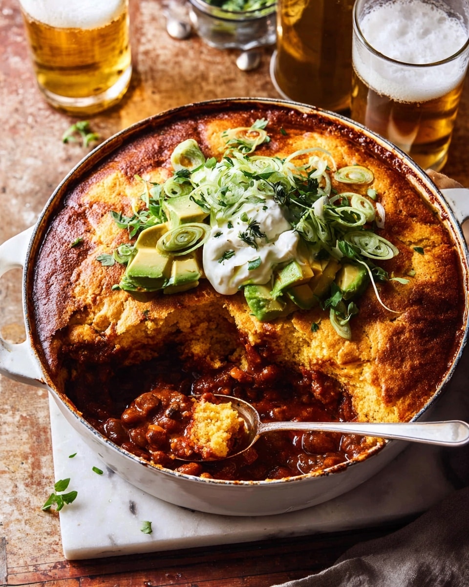 A round white casserole dish filled with a deep reddish-brown chili base, topped with a thick, golden-brown cornbread layer that is cracked open to reveal the moist chili beneath. On top of the cornbread, there is a generous scoop of white sour cream, sliced green avocado, and chopped green onions and herbs scattered around, adding fresh green accents. A spoon rests inside the dish with some chili and cornbread on it. The dish is placed on a white marbled surface with two glasses of beer nearby, one partly visible with foam, and a rustic wooden table background. Photo taken with an iphone --ar 4:5 --v 7