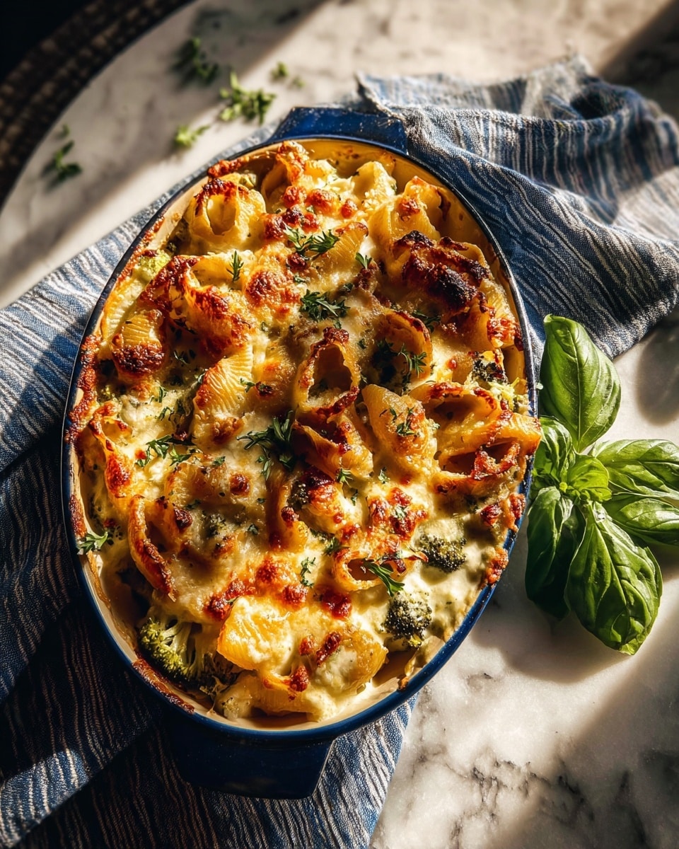 The dish is a baked pasta casserole in a deep white oval dish, showing three visible layers: at the bottom a creamy sauce with green broccoli pieces spread evenly, the middle layer has short pasta tubes partly covered in melted cheese, and the top layer is golden-brown melted cheese with slightly crispy spots and a sprinkling of fresh green herbs. The casserole is placed on a white marbled surface next to a cloth with blue and white stripes, and a small basil sprig decorates the edge of the dish. Warm lighting highlights the textures and colors of the pasta and cheese. Photo taken with an iphone --ar 4:5 --v 7