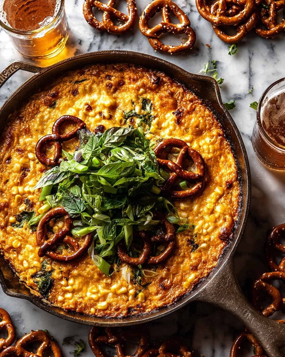 A deep pan filled with a thick, golden-orange baked cheese layer that is bubbly and slightly browned on top. Scattered on the cheese are bright yellow corn kernels adding texture, while several dark brown pretzels with a glossy finish rest on the surface. In the center is a fresh, vibrant green layer of mixed leafy herbs and sliced green onions, adding contrast and freshness to the dish. The pan sits on a white marbled texture, with the surrounding area showing more pretzels and glasses of amber-colored drink. photo taken with an iphone --ar 4:5 --v 7