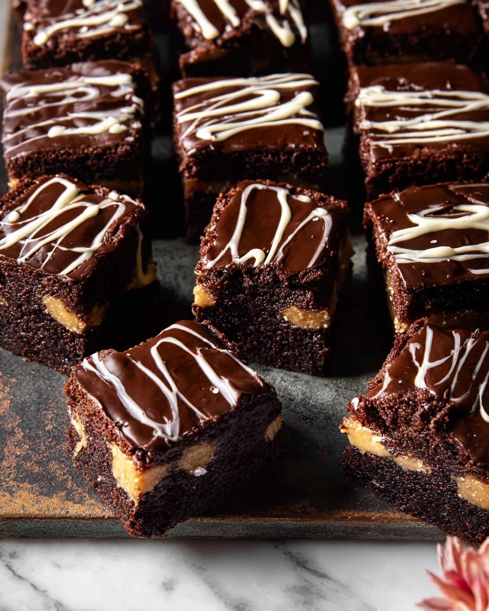 A set of nine chocolate brownies are shown on a worn dark surface with a white marbled background below. Each brownie has three visible layers: a bottom dark brown dense cake, a middle creamy caramel layer that peeks out irregularly in places, and a shiny dark chocolate ganache on top. White icing is piped in a loose spiral pattern across the tops of each square. Some pieces are cut neatly while others are slightly rough around edges. The brownies look moist and rich with a slightly cracked chocolate topping and glossy texture throughout. photo taken with an iphone --ar 4:5 --v 7