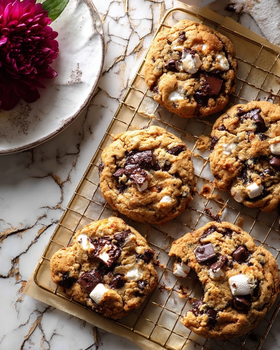Several round chocolate chip cookies lie on a wire rack covered with parchment paper. Each cookie is golden brown with a rough, bumpy texture and scattered with melted chocolate chunks and white gooey marshmallow spots. One cookie has a bite taken out, showing a soft inside with chocolate and marshmallow. The wire rack and cookies rest on a white marbled surface with a cracked, worn look. To the left, part of a white plate with a deep red flower and green leaves is slightly visible. Photo taken with an iphone --ar 4:5 --v 7