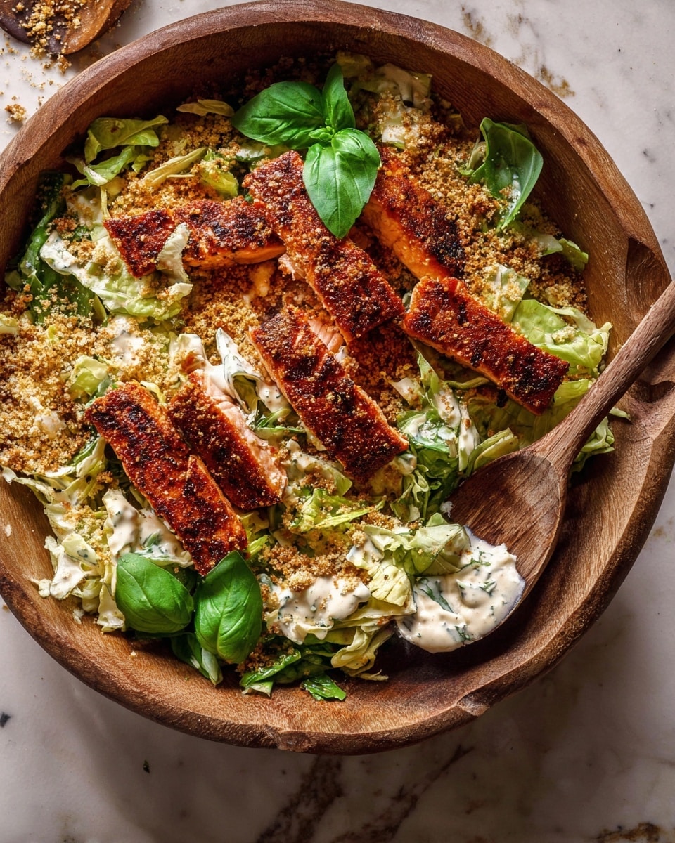 A wooden bowl filled with a layered salad sits on a white marbled texture. The bottom layer is fresh, bright green lettuce leaves mixed with shredded pale green cabbage. On top of this is a sprinkle of crunchy, golden-brown breadcrumbs mixed with some grated light cheese. The main layer features six grilled salmon fillets with a rich reddish-brown crust, arranged mostly in the center, some slices partially covered with creamy white sauce. Fresh dark green basil leaves are scattered around the bowl, adding a vibrant touch. A wooden spoon rests on the right side of the bowl, partly covered by the salad. Photo taken with an iphone --ar 4:5 --v 7