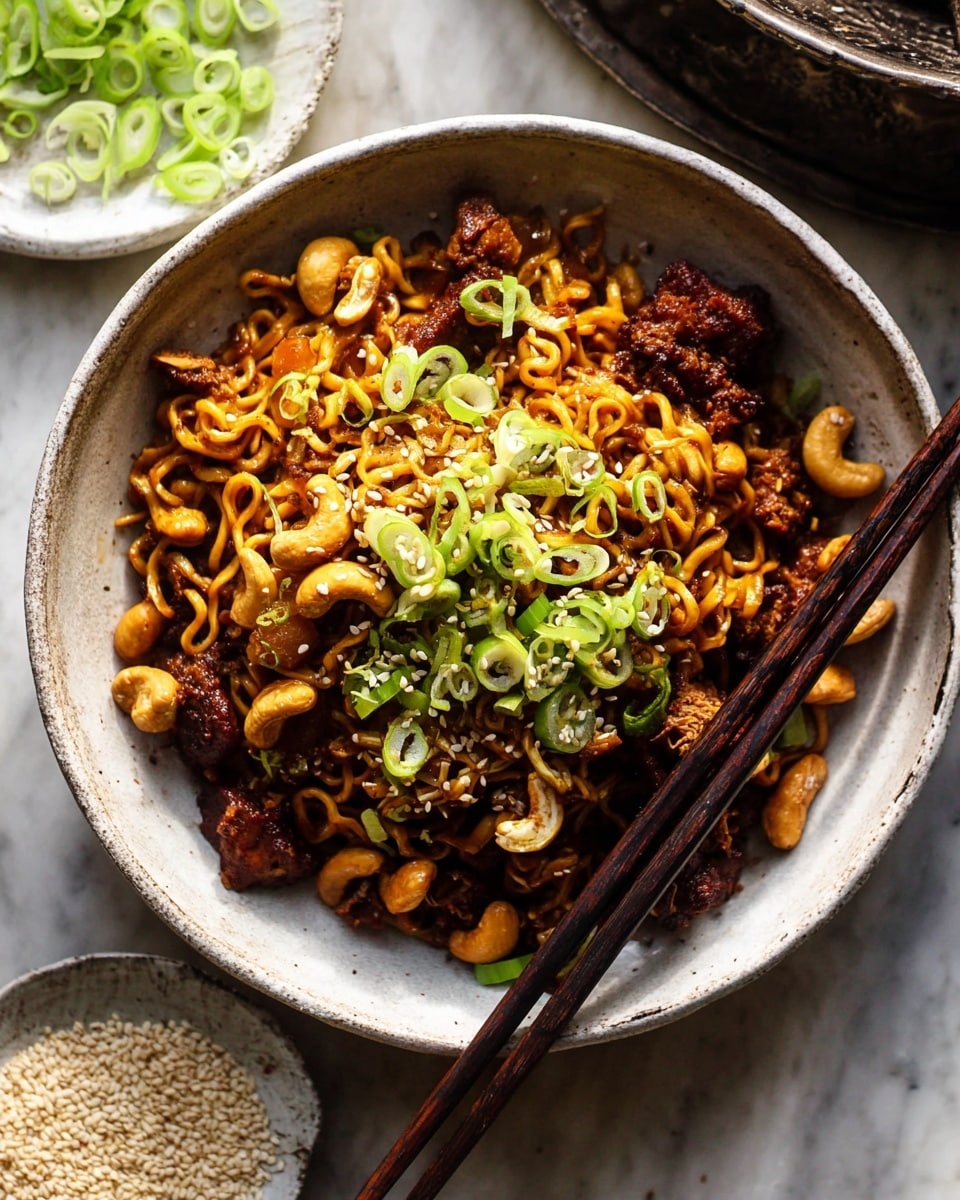 A bowl filled with three main layers: at the bottom are dark brown cooked noodles mixed with golden brown pieces of meat, topped with a layer of light brown cashew nuts scattered evenly, and garnished on top with thin, bright green sliced scallions and sprinkled white sesame seeds. The bowl is white with a rough texture inside. The bowl sits on a white marbled surface and dark wooden chopsticks rest on the edge of the bowl. In the background, a small white plate holds green sliced scallions and a small mound of white sesame seeds. photo taken with an iphone --ar 4:5 --v 7