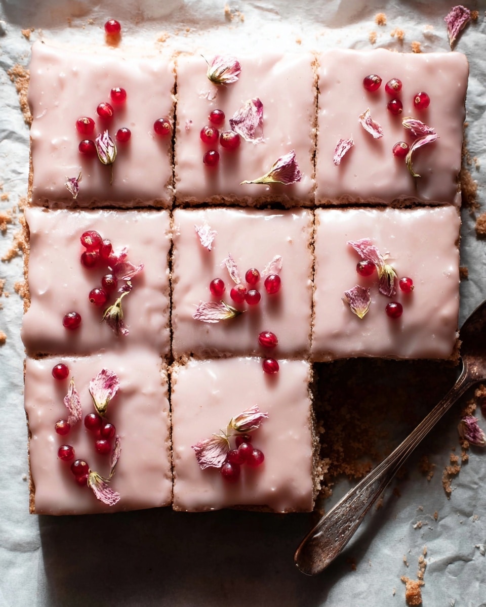 The image shows nine square pieces of a dessert laid out in a three-by-three grid on white parchment paper over a white marbled surface. Each piece has a smooth, pale pink icing layer on top with a glossy finish and a few small specks. Small red berries and delicate light pink and white edible flowers decorate several pieces, adding color and texture on the icing. The dessert base beneath the icing looks slightly darker and thicker, indicating a soft cake or bar texture. A spoon with some pink icing rests to the side, and soft, natural lighting creates gentle shadows around the dessert. Photo taken with an iphone --ar 4:5 --v 7