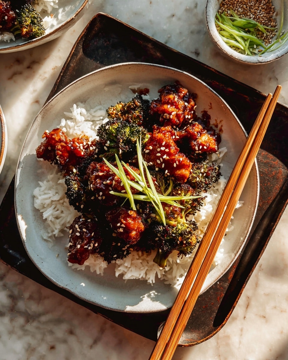 A white round plate holds a bed of white rice on the right and bottom sides, with crispy, dark brown glazed pieces of chicken scattered on top and slightly to the left, sprinkled with white sesame seeds. Underneath some chicken pieces, there are bright green roasted broccoli florets. A few thin green onion slices lay on top of the chicken in the middle. A pair of wooden chopsticks rest diagonally on the top right edge of the plate. The plate sits on a dark teal rectangular tray, set against a white marbled surface. A small round bowl with green onion slices and sesame seeds is placed in the bottom right corner near the tray. Photo taken with an iphone --ar 4:5 --v 7