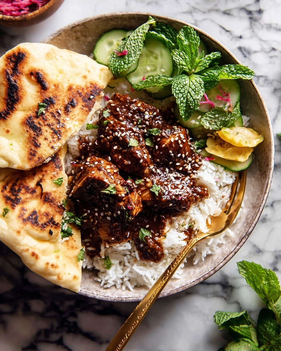 A bowl of white rice forms the base layer, topped with rich brown roasted chicken pieces covered in a thick sauce sprinkled with sesame seeds. On the right side, soft flatbread with light golden-brown spots rests partially over the rice. Fresh green herbs and cucumber slices are placed on the left side next to the chicken, adding a fresh touch. A rustic metal fork with a white handle lies on the right edge of the bowl. The bowl is set on a white marbled surface with scattered rose petals and spices around. Photo taken with an iphone --ar 4:5 --v 7