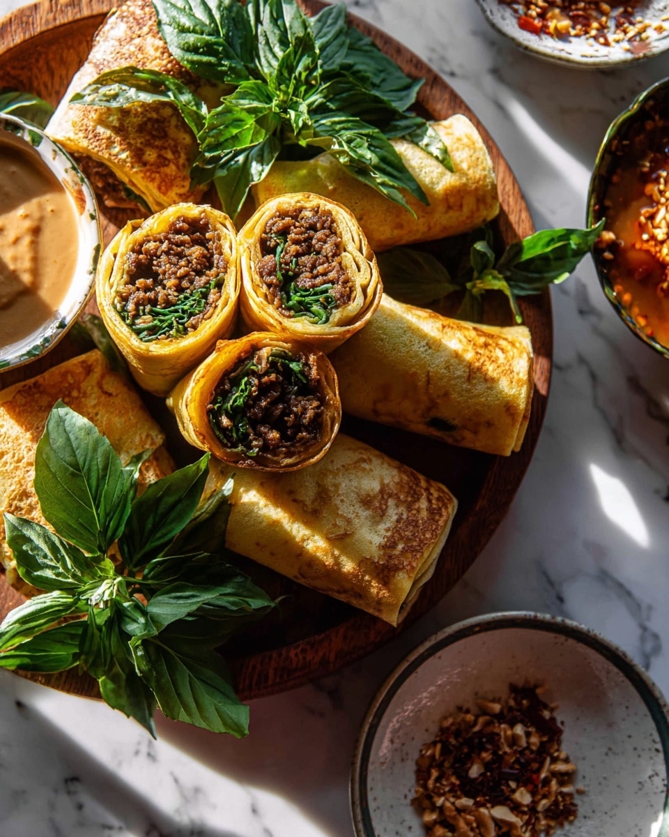The image shows several rolled crepes filled with a dark brown, crumbly filling and fresh green herbs, cut in half to reveal two layers inside: a soft yellow-brown crepe on the outside and tightly packed savory filling with green herbs on the inside. The crepes are placed on a round wooden board with green fresh basil leaves as garnish. Around the board, there are small bowls, one with a light brown creamy sauce topped with sesame seeds and nuts, and another white plate with reddish and dark brown spices sprinkled on it. The whole setup is on a white marbled surface with bright natural light casting soft shadows. photo taken with an iphone --ar 4:5 --v 7