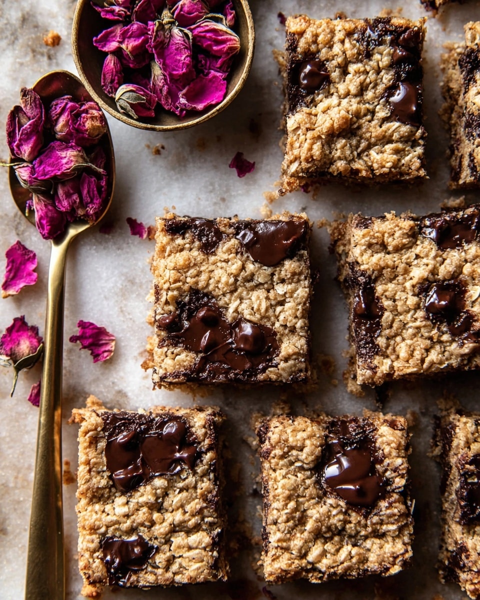 The image shows several square oatmeal chocolate chip bars arranged closely on a white marbled surface, each bar about one layer thick with a textured, golden-brown top sprinkled unevenly with melted dark chocolate chips that create shiny, smooth spots. The bars have a slightly crumbly and rough texture, with small chocolate chunks embedded throughout the oatmeal batter. Near the top left, there is a golden spoon filled with dried pink rose petals, some of which are scattered around the bars, adding a touch of deep pink and softness to the scene. The whole setup is rustic and inviting, with warm lighting highlighting the details of the oats and melted chocolate, photo taken with an iphone --ar 4:5 --v 7