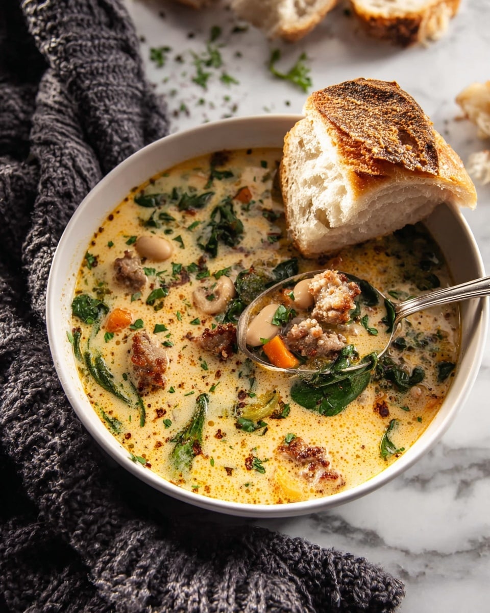 A white bowl filled with creamy soup that has a light yellow color base with visible spices and herbs floating on top. There are white beans, pieces of browned sausage, small orange carrot strips, and wilted spinach or leafy greens mixed in. The soup is garnished with chopped green herbs sprinkled on the surface. A chunk of crusty bread with a golden-brown crust is dipped into the soup on the right side of the bowl. A silver spoon rests inside the bowl, holding a mix of soup ingredients. The bowl sits on a white marbled surface, and part of a dark gray knitted cloth is visible to the left. Another piece of crusty bread lies near the bowl. Photo taken with an iphone --ar 4:5 --v 7