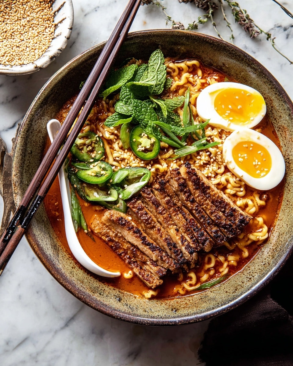 A bowl with three main layers starts with wavy yellow noodles submerged in a rich, reddish-brown broth at the bottom, topped with a thick layer of sliced, crispy brown grilled meat placed diagonally across the bowl. On one side, two halves of a boiled egg with a bright yellow yolk and white edge sit next to a small bunch of fresh green mint leaves. Green onion strips and slices of green jalapeño peppers add a fresh and sharp touch above the noodles and meat, sprinkled with small white sesame seeds. A white spoon rests inside the bowl on the left side, with dark brown chopsticks placed above it against the bowl's edge. The bowl is on a white marbled textured surface, next to a white bowl filled with sesame seeds. photo taken with an iphone --ar 4:5 --v 7