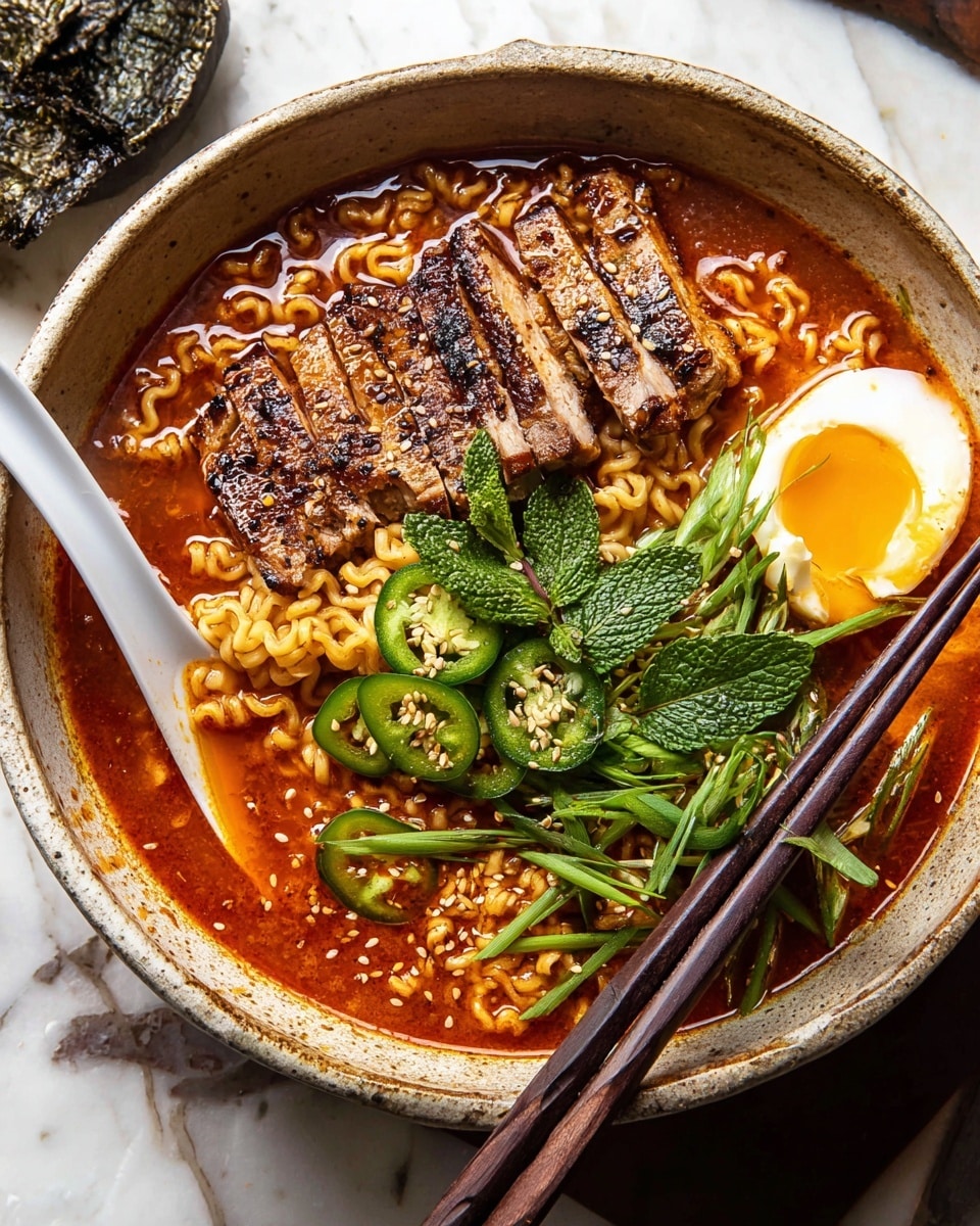 A bowl of spicy ramen with four main layers: the base is a rich red broth filled with curly yellow ramen noodles, next a layer of grilled brown pork slices with a slightly charred texture, then half of a soft boiled egg with bright orange yolk on the side, topped with green sliced scallions, green jalapeño rings, fresh mint leaves, and sprinkled with white sesame seeds. The bowl is light beige and rustic, placed on a white marbled surface with a pair of dark brown chopsticks resting on the bowl’s edge next to a white spoon. photo taken with an iphone --ar 4:5 --v 7