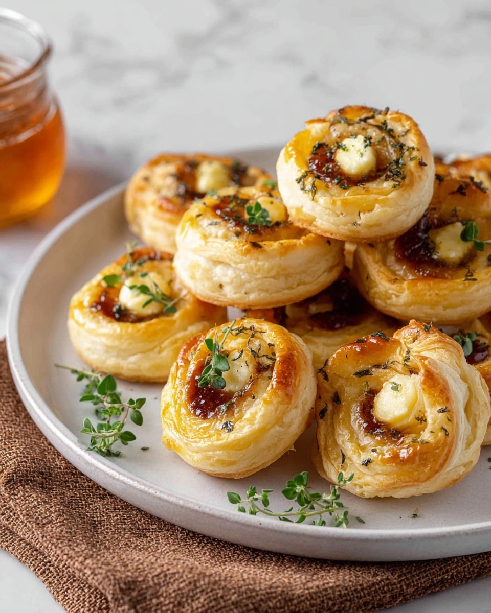 The image shows a white plate filled with round, golden puff pastry bites with three visible layers: a flaky, crispy bottom, a puffed middle ring, and a glossy, golden-brown top edge sprinkled with herbs. Inside each pastry, there is a shiny, dark brown layer of jam or jelly, topped with a light yellow chunk of soft cheese or butter, garnished with small green herb leaves. Some pastries are stacked while a few are scattered on the plate. The plate sits on a white marbled surface with a brown textured cloth partly visible underneath. In the background, there is a glass jar containing amber-colored honey or syrup. Photo taken with an iphone --ar 4:5 --v 7