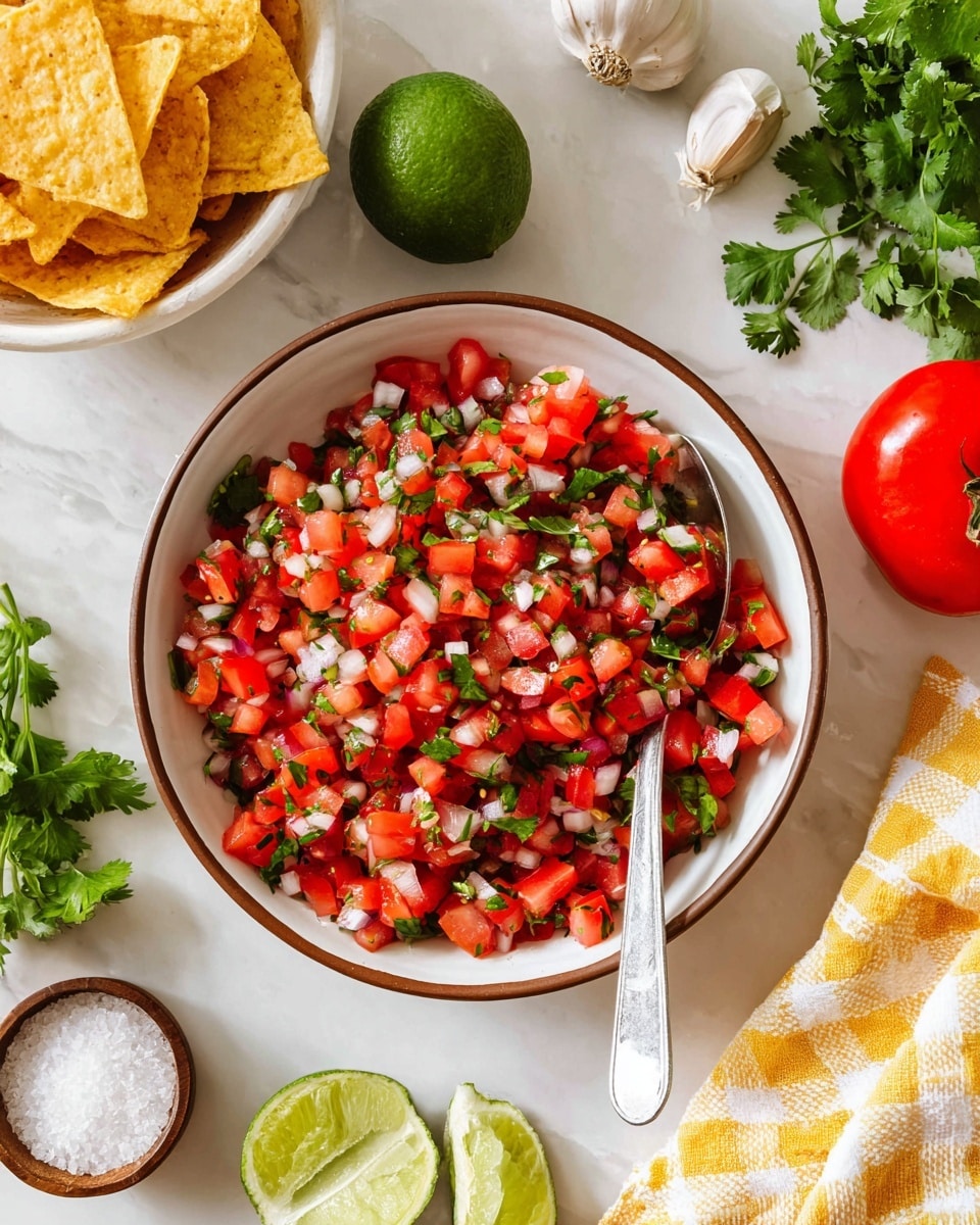 A bowl filled with fresh pico de gallo salsa made of chopped bright red tomatoes, white onion pieces, and green cilantro, all mixed together, sitting in a white bowl with a brown rim; a silver spoon rests inside the bowl on the right side. Around the bowl, there is a halved lime, whole lime, sprigs of cilantro, a whole tomato, a garlic clove, and a small white bowl of salt, all placed on a white marbled surface. A stack of yellow tortilla chips is visible on the left side in a white bowl. In the lower right corner, a yellow and white checkered cloth is partially visible. Photo taken with an iphone --ar 4:5 --v 7