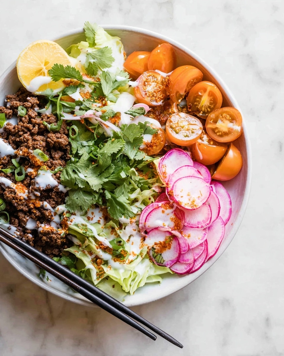 A white bowl filled with a colorful mix of food sits on a white marbled surface. The bowl is divided into sections with the bottom left part showing layers of light green cabbage wedges topped with green cilantro leaves and a drizzle of white sauce with a hint of red seasoning. The top right side contains dark brown cooked ground meat with halved bright orange cherry tomatoes covered in the same white sauce and red spice. Next to this, on the right edge, are bright pink radishes with green leaves. The bottom center has thinly sliced pale purple onions. A lemon wedge rests on the top edge of the bowl. A pair of black chopsticks rests on the bottom edge of the bowl. Photo taken with an iphone --ar 4:5 --v 7
