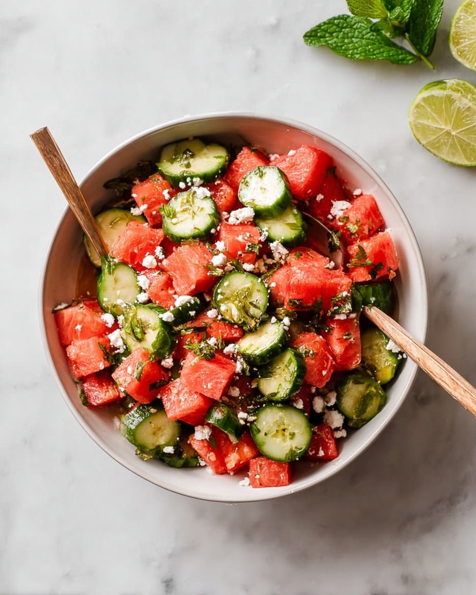 A white bowl filled with a fresh salad showing two main layers: the bottom layer has bright red watermelon cubes with a juicy texture, mixed with a layer of bright green cucumber slices cut into rounds. On top, small white crumbles of cheese are scattered evenly across the salad, with bits of green herbs mixed in. Two thin, light wooden sticks rest inside the bowl, crossing each other. The bowl is placed on a clean white marbled texture surface, with a few green mint leaves and half a squeezed lime visible near the top left side. Photo taken with an iphone --ar 4:5 --v 7