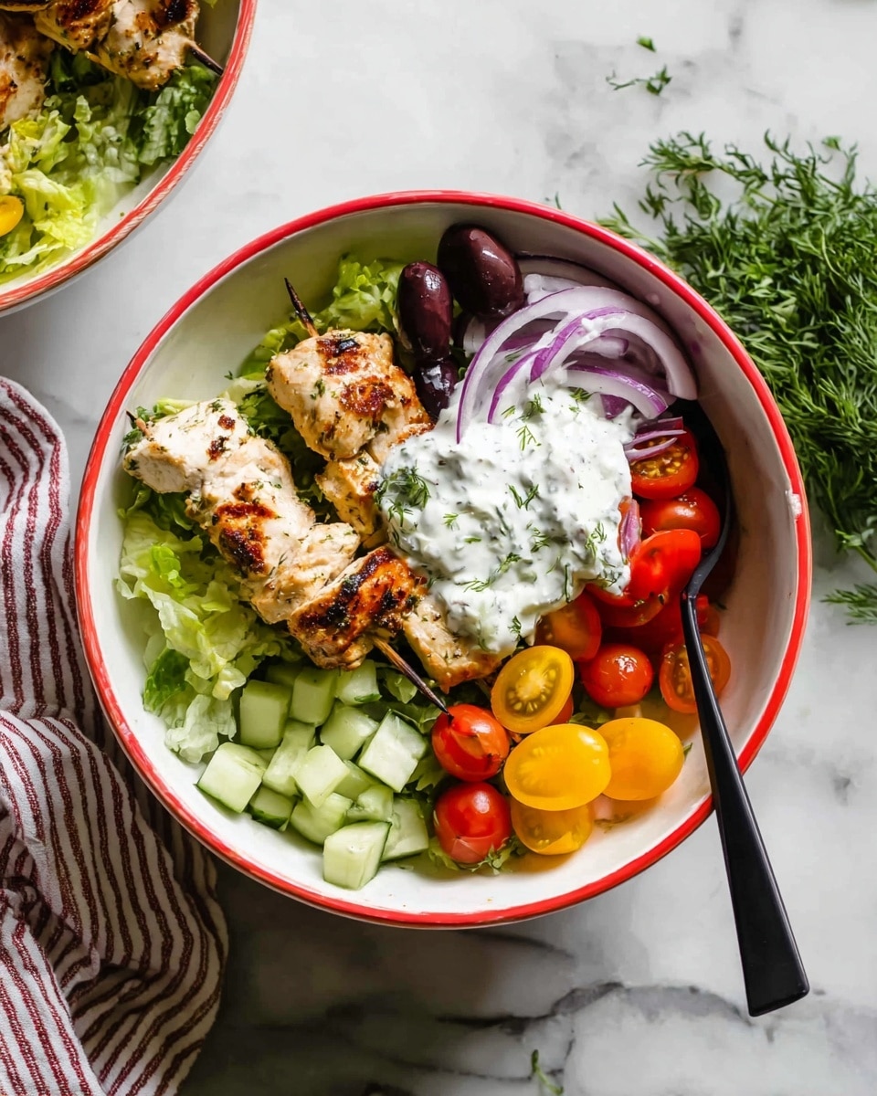 A white bowl with a red rim holds a colorful salad with several layers. On the bottom is a base of chopped green lettuce. On top of the lettuce, on the left side, there are two grilled chicken skewers with a slightly charred texture and golden color. Above the chicken, small dark purple olives add contrast. Next to the olives, there are chopped light green cucumbers. In the center, a dollop of white creamy sauce with green herbs sits on top. To the right of the sauce, thin slices of light purple onions add color. Below the onions and sauce, there are halved cherry tomatoes in red, yellow, and orange. A black spoon is resting inside the bowl on the right side. The bowl is placed on a white marbled surface next to some green herbs and a striped cloth. photo taken with an iphone --ar 4:5 --v 7