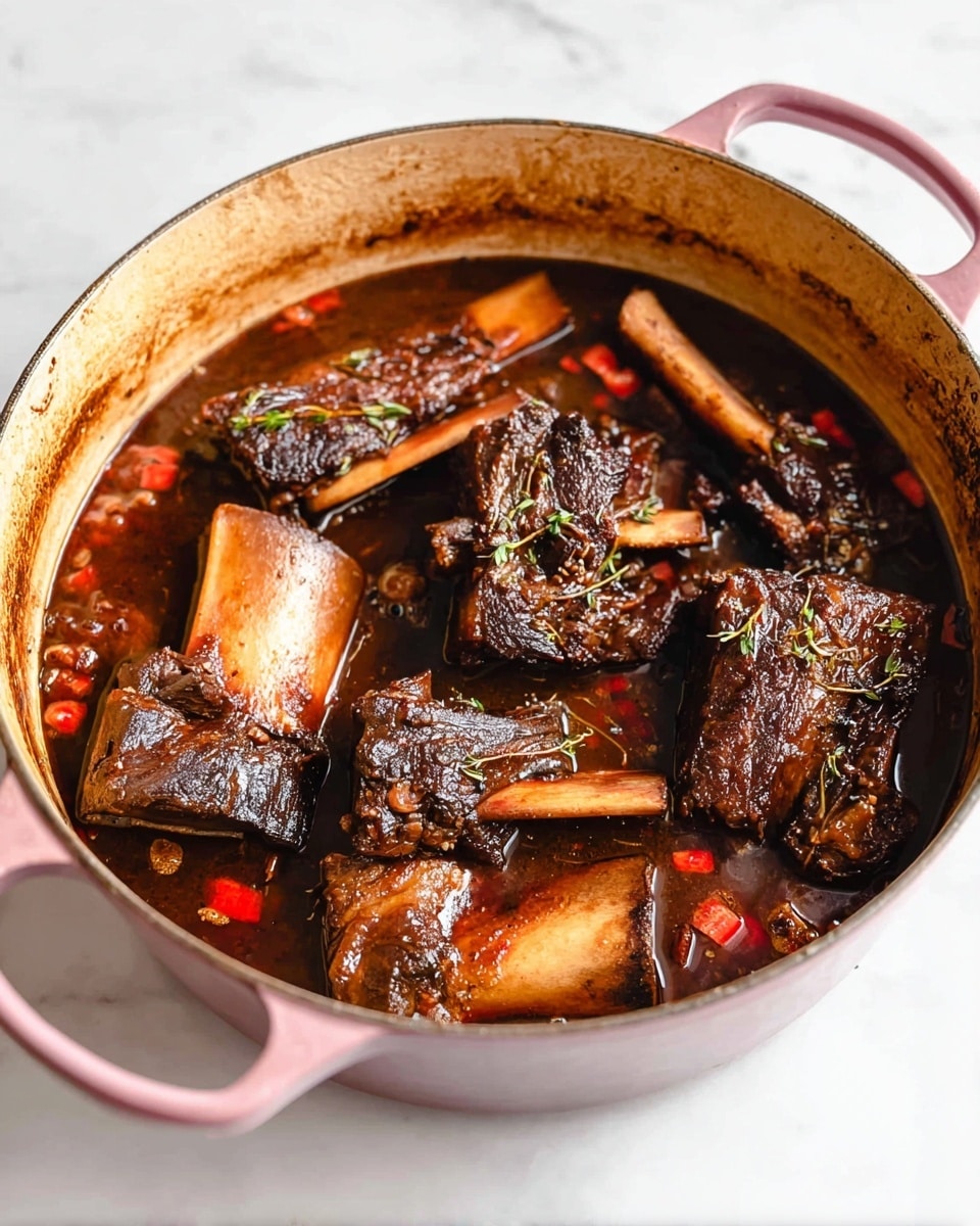 A round white cast iron pot with pink handles holds a rich stew. Inside, there are large dark brown pieces of meat with some bones showing, surrounded by thick chunks of light brown carrots and small red pieces that look like diced vegetables. The stew is filled with dark brown liquid that looks thick and flavorful, with some thin sprigs of herbs scattered on the top. The pot sits on a white marbled surface, showing some cooked-on stains near the rim. photo taken with an iphone --ar 4:5 --v 7