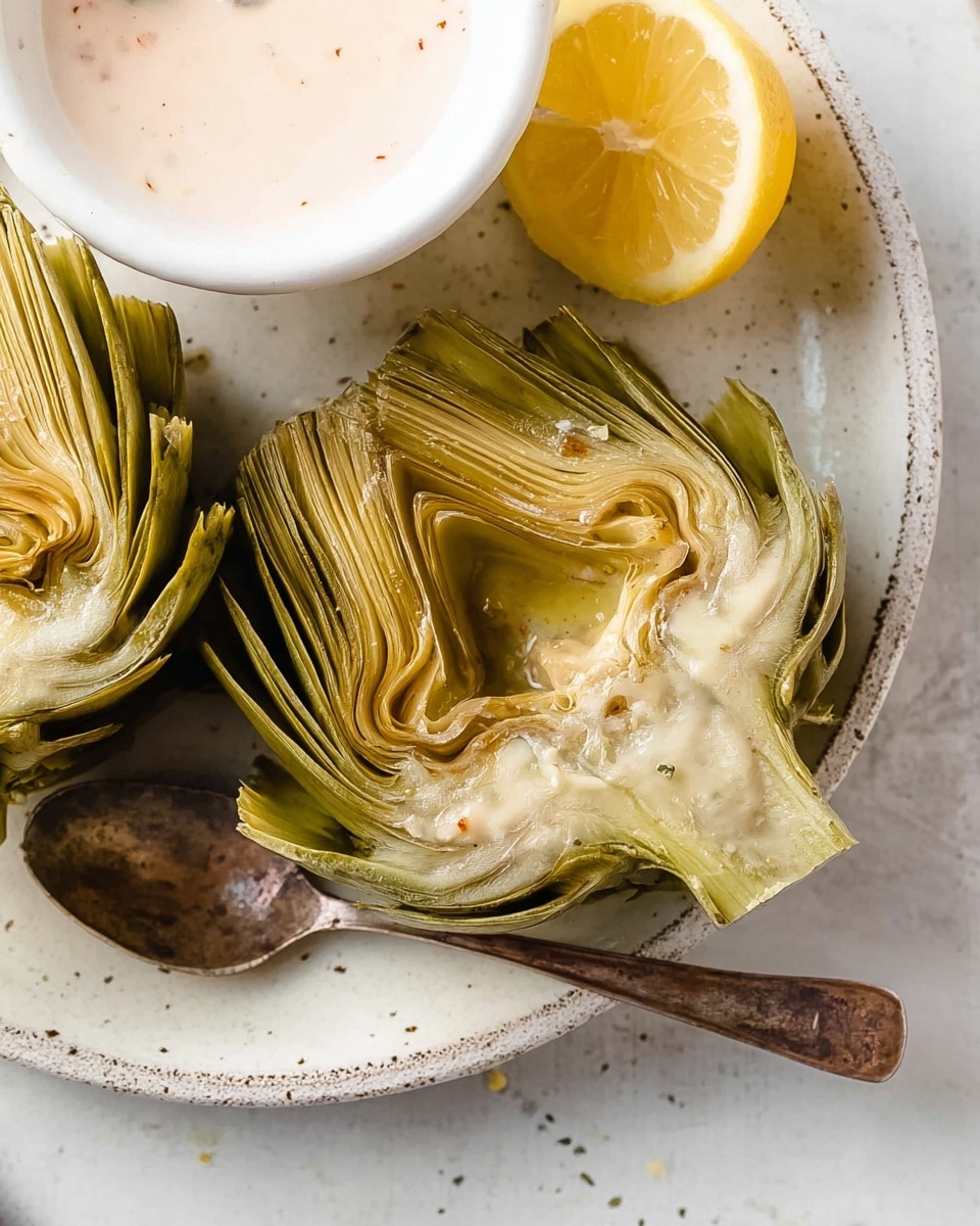 A close-up image of a white speckled plate holding an artichoke cut in half showing multiple layers of greenish-yellow petals with soft textures and some brown spots near the center; next to it is a rustic metal spoon with a wooden handle resting on the plate, and a half lemon with visible pulp placed nearby. The scene is set on a white marbled texture background, with a glimpse of a white bowl filled with a creamy light pink sauce on the upper left side. photo taken with an iphone --ar 4:5 --v 7